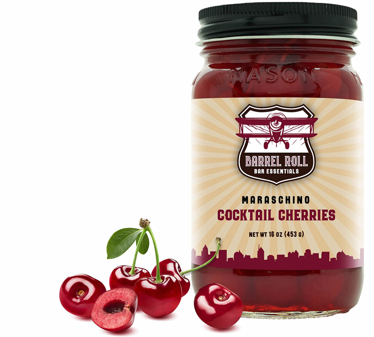 Barrel Roll Bar Essentials Premium Maraschino Cocktail Cherries - 16 Ounce, USA Made, Slow-Cooked Garnish for Drinks and Desserts