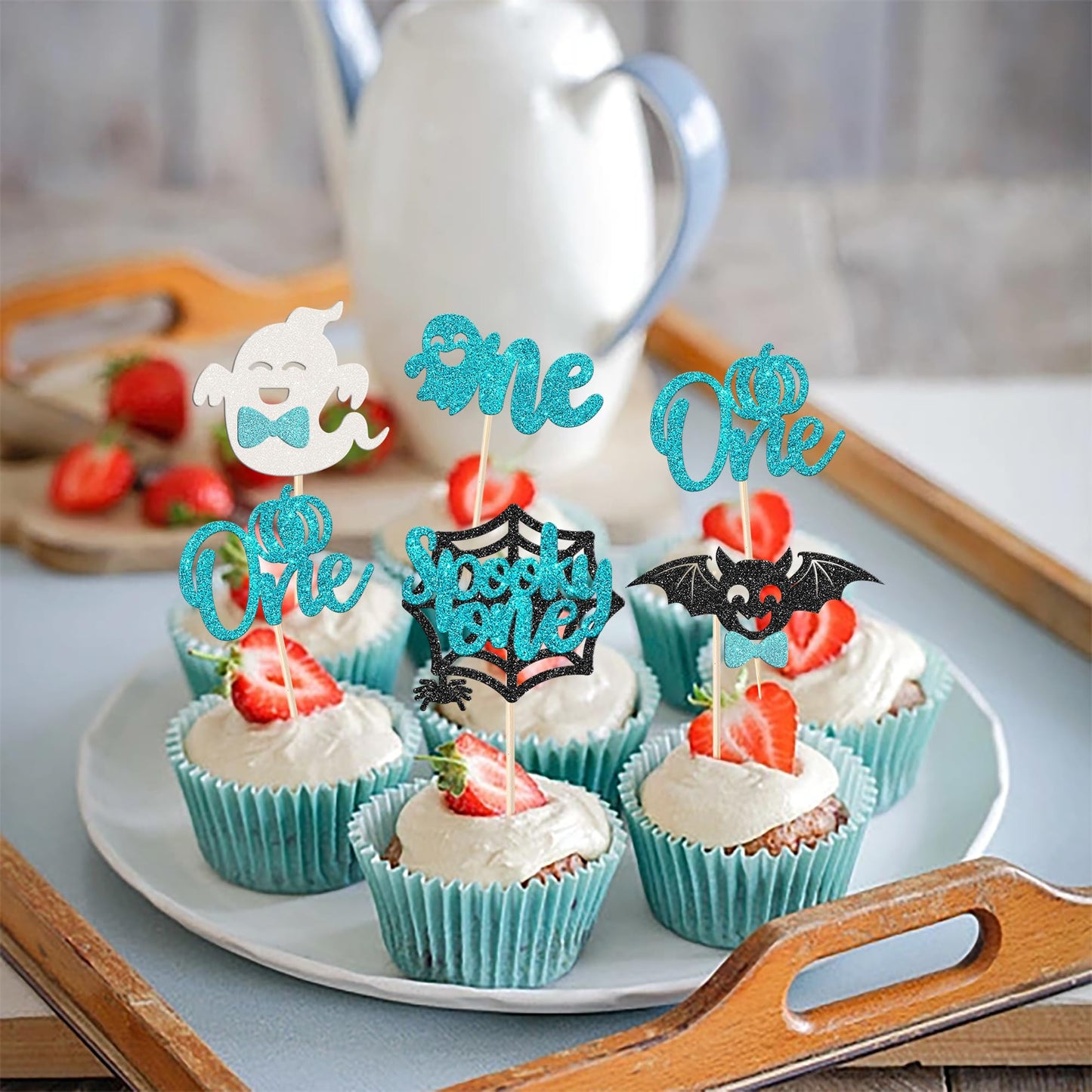 Rssta i Cupcake Toppers 30 Pack Glitter Ghost Bat Spider Pumpkin for Halloween Baby Shower 1st Birthday Cake Decorations Design 13 Blue