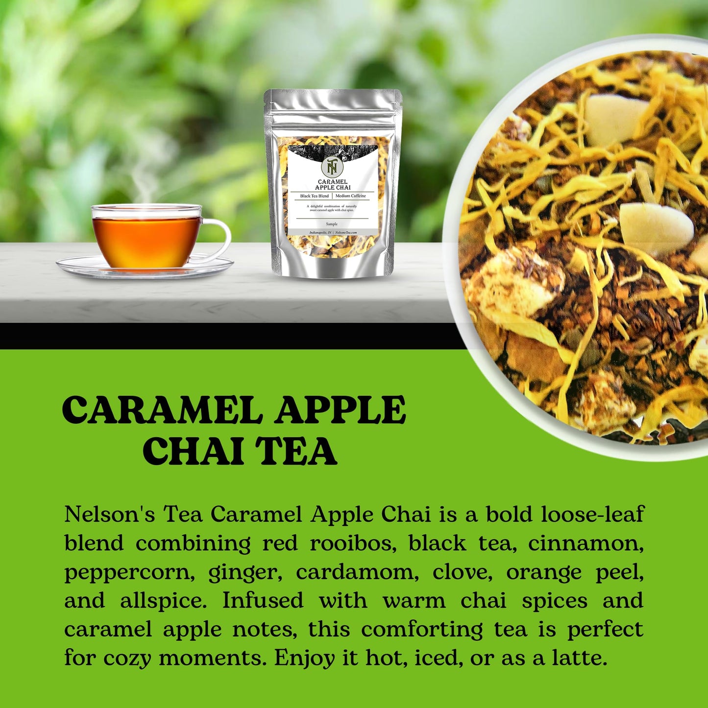 Nelson'S Tea Caramel Apple Chai Tea Loose Leaf - Cut & Sifted Red Rooibos Loose Leaf Tea, Black Tea With Cinnamon Chips, Pepperc
