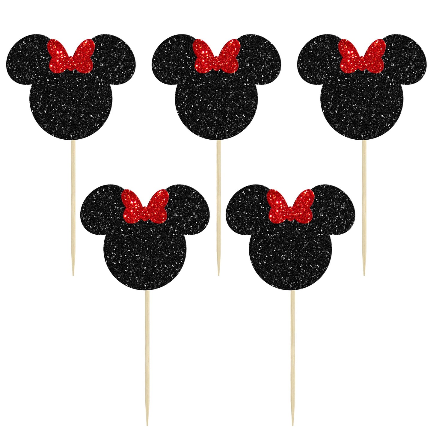Gyufise 36 Pack Black And Red Glitter Mouse Inspired Cupcake Toppers With Bow Mouse Cake Decorations For Baby Shower Wedding Kid