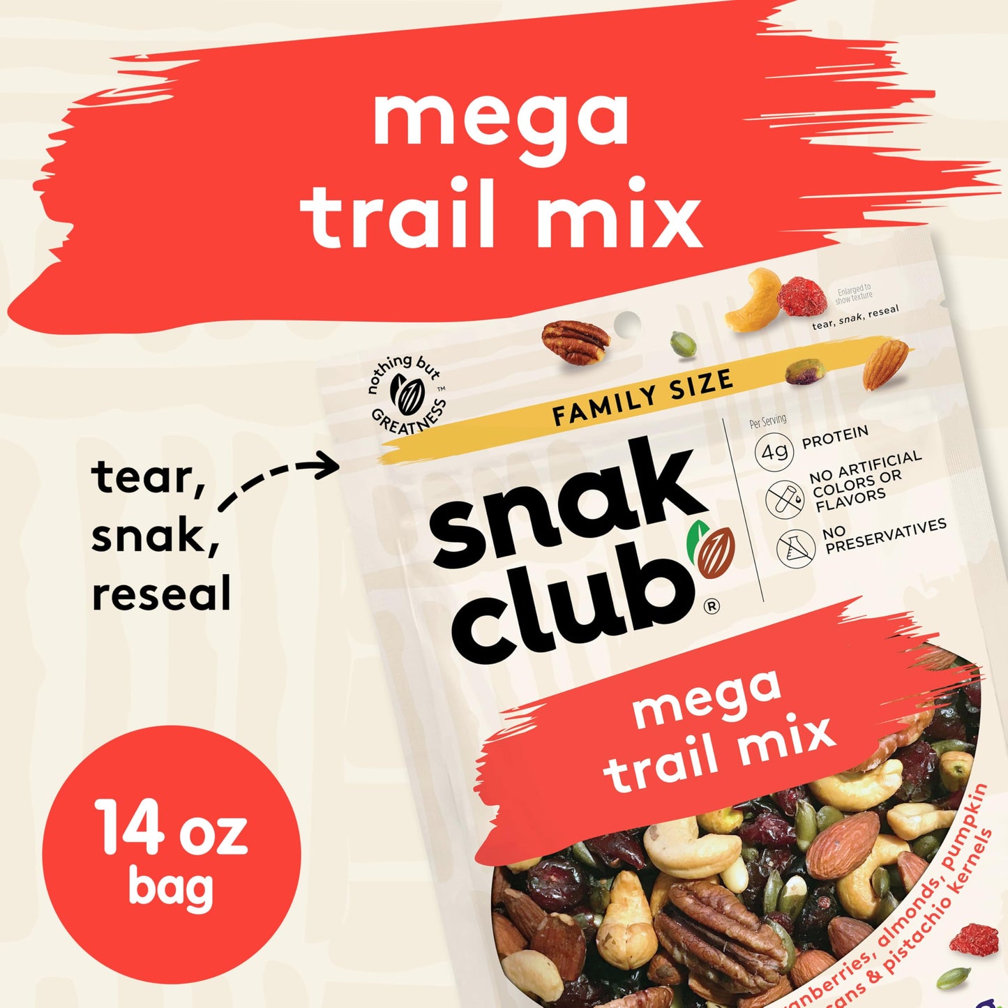 Snak Club Mega Trail Mix with Cranberries, Almonds, Pumpkin Seeds, Cashews, Pecans, and Pistachio Kernels, Gluten-Free and Koshe