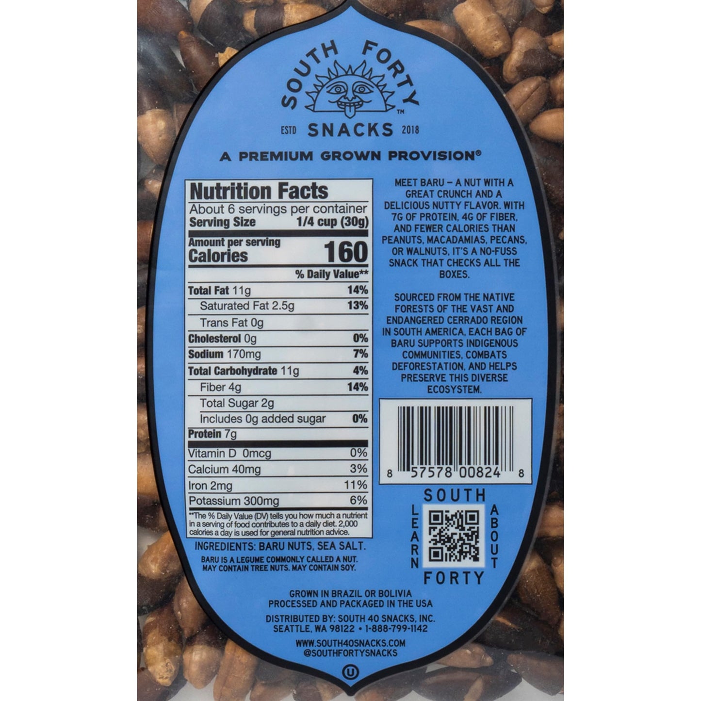South 40 Snacks Dry Roasted Salted Baru Nuts, Just 2 Ingredients (6.5Oz Bags, Pack Of 4)