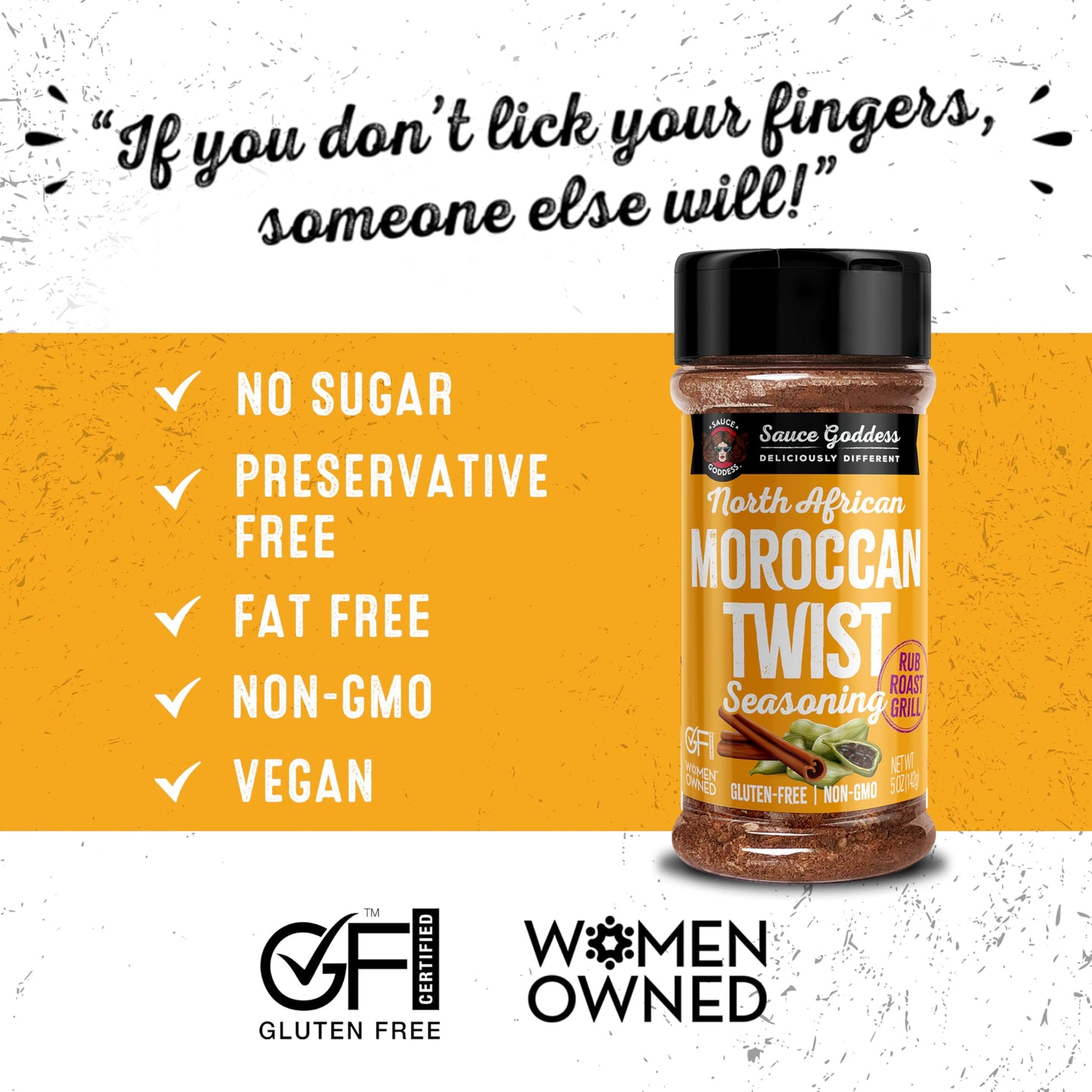 Sauce Goddess Moroccan Twist Spice Shaker, Exotic Blend with Cardamom & Cinnamon, Gluten-Free, Low Sodium, 5oz
