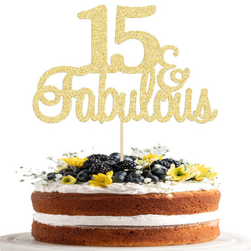 Gyufise 1Pc 15 & Fabulous Cake Topper Gold Glitter Fifteen And Fabulous Cake Toppers Happy 15Th Birthday Cake Pick For 15Th Wedd