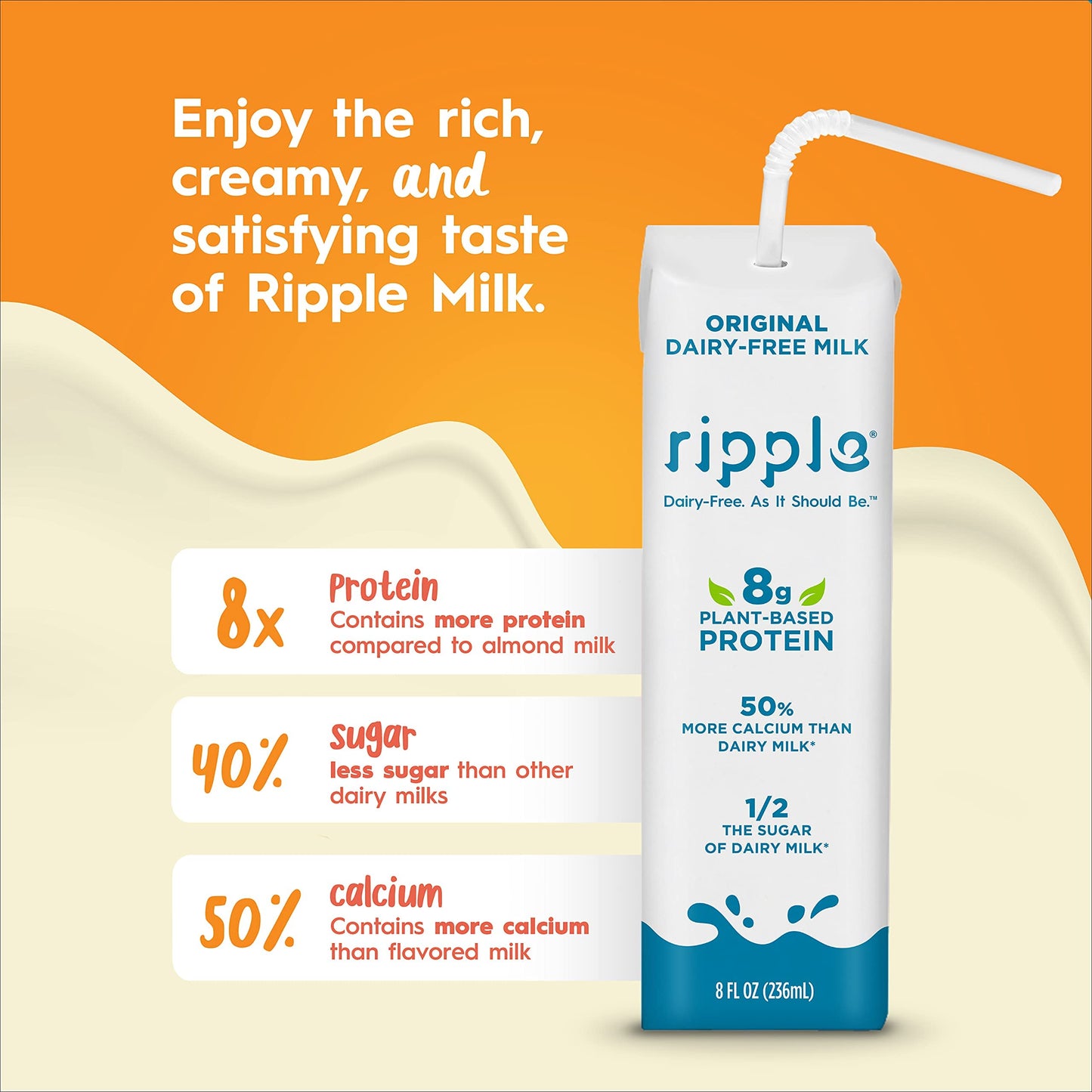 Ripple Non-Dairy Milk, Original | Vegan Milk With 8g Pea Protein| Shelf Stable Single Serve Cartons | On-The-Go | Non-GMO, Plant