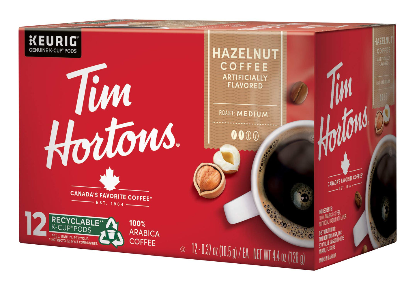 Tim Hortons Hazelnut Flavored Medium Roast Coffee K-Cup Pods 72ct, 12 Count (Pack of 6), Red, Model MP261