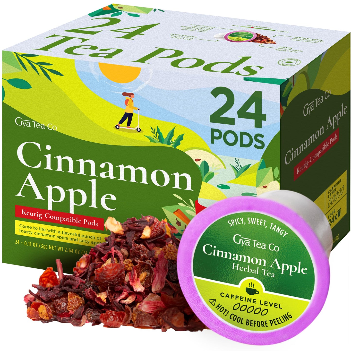 Gya Tea Co Cinnamon Apple Herbal Tea Pods, Decaf Wellness Tea, 24 Count