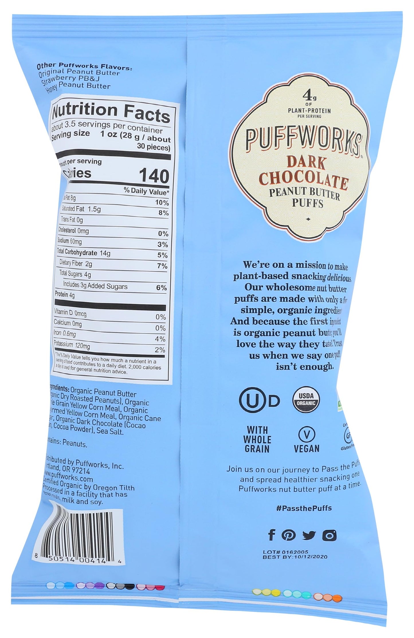 Puffworks Organic Dark Chocolate Peanut Butter Puffs 3.5 Oz