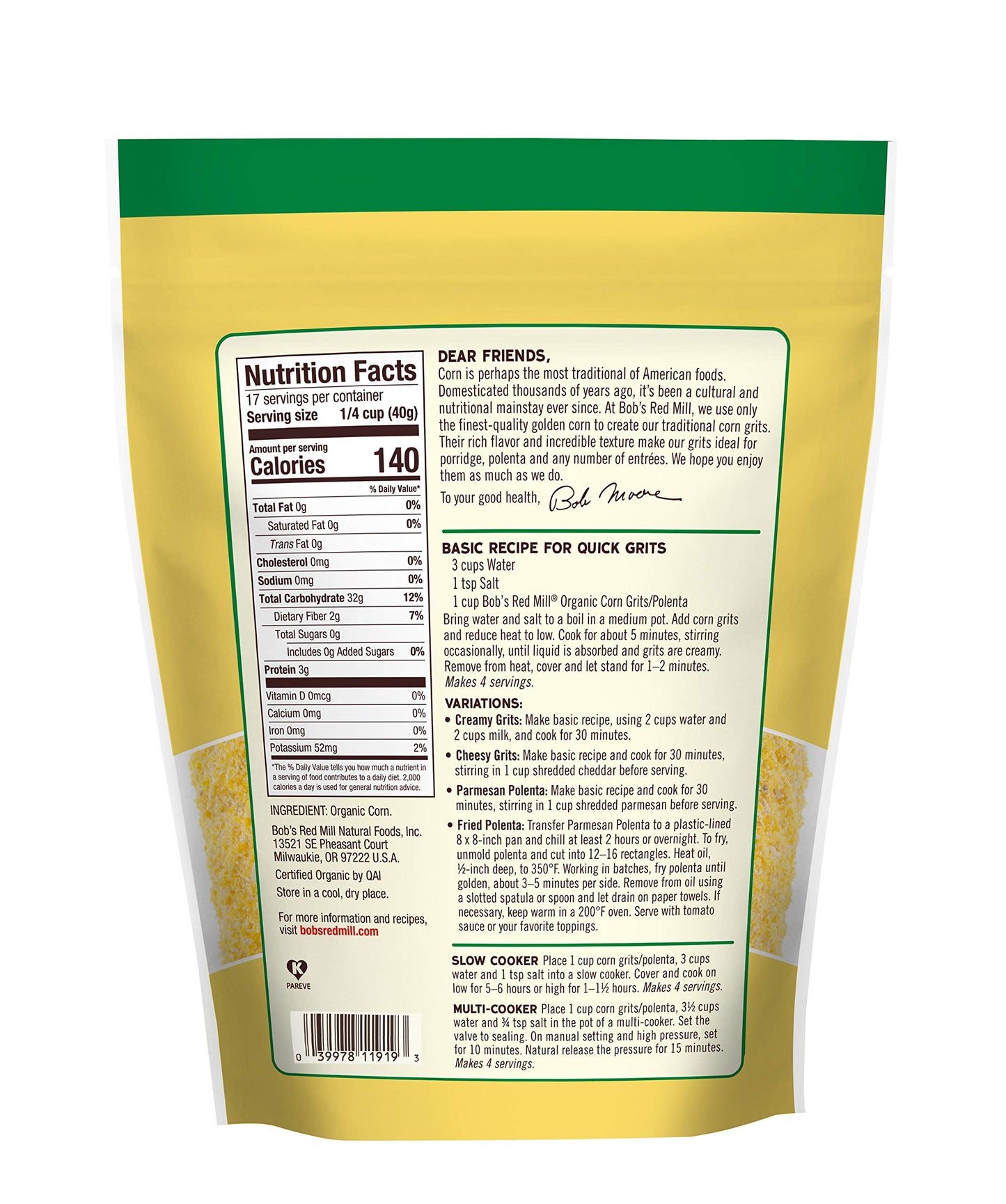 Bobs Red Mill Organic Corn Grits/ Polenta, 24 Oz