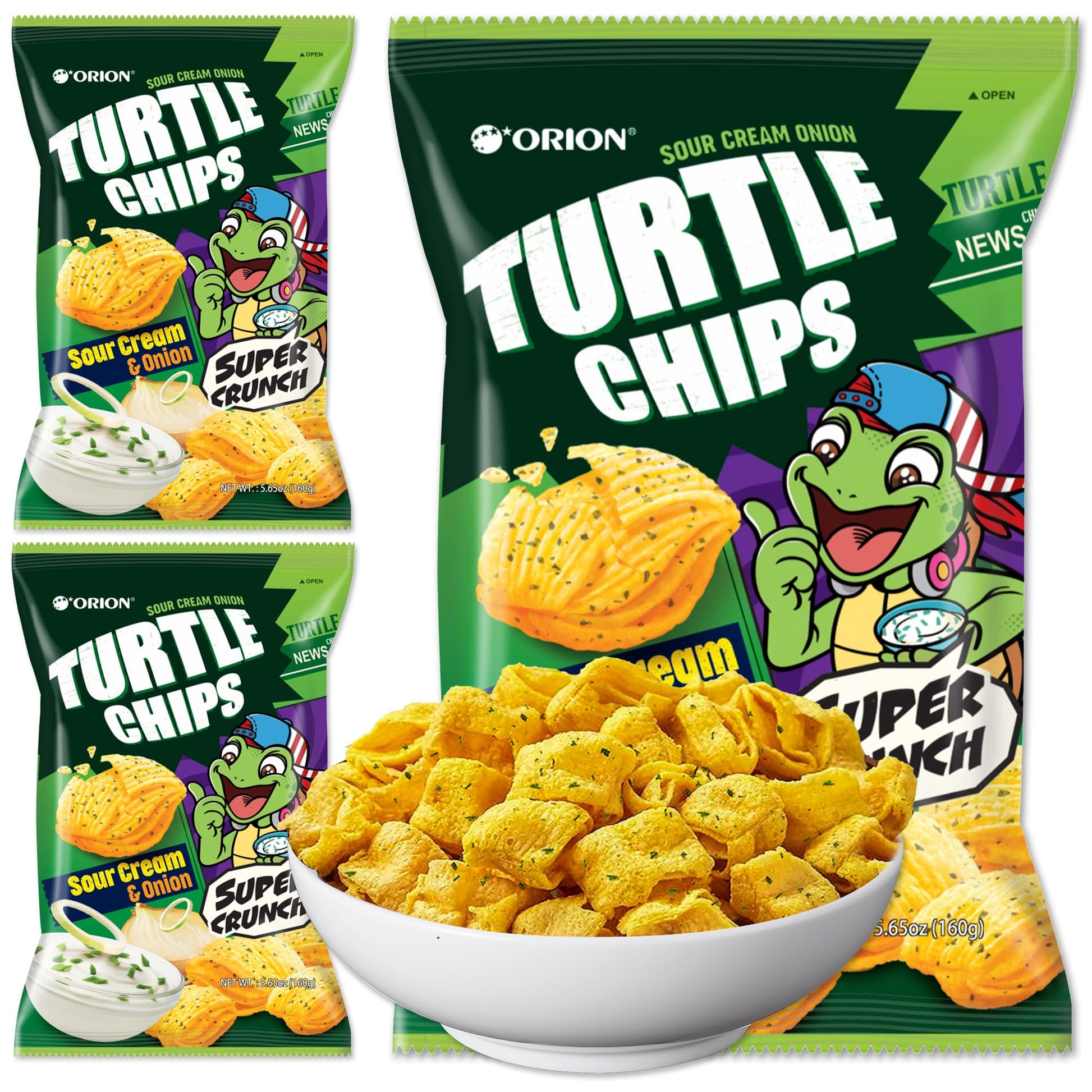 K-Munchies Orion Turtle Chips - Large 3 x 160-gram Sour Cream and Onion Flavor Korean Chips - Big Bag, Party Size Tasty, Crispy 