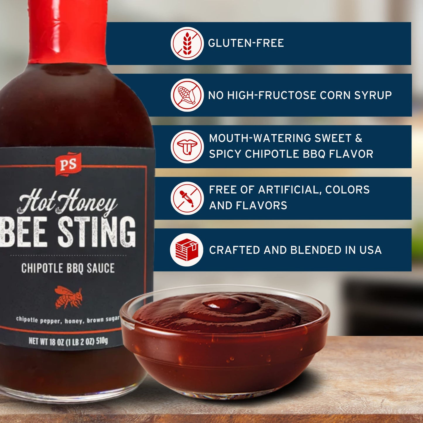 Ps Seasoning Hot Honey Bee Sting Chipotle Bbq Sauce - All-Purpose Glaze, Marinade, Baste, And Dip - Sweet And Spicy Grilling Sau