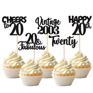 30Pcs Happy 20Th Birthday Cupcake Toppers Glitter Twenty Vintage 2003 Cupcake Picks 20 Fabulous Cheers To 20 Years Cake Decorati
