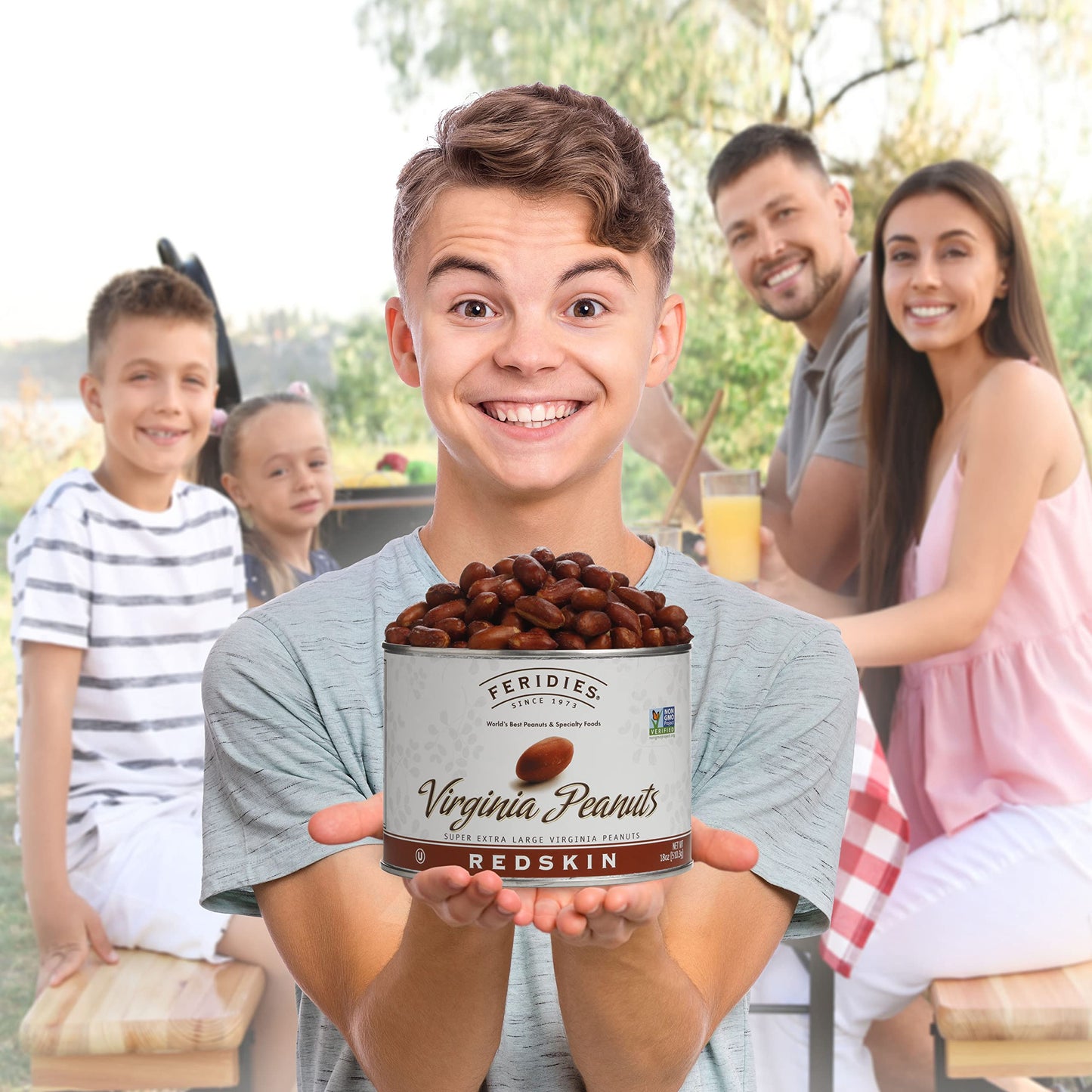 Feridies Extra Large Gourmet Salted Redskin Virginia Peanuts With Skins, 18 Oz Can, All Natural, Kosher, Non-Gmo