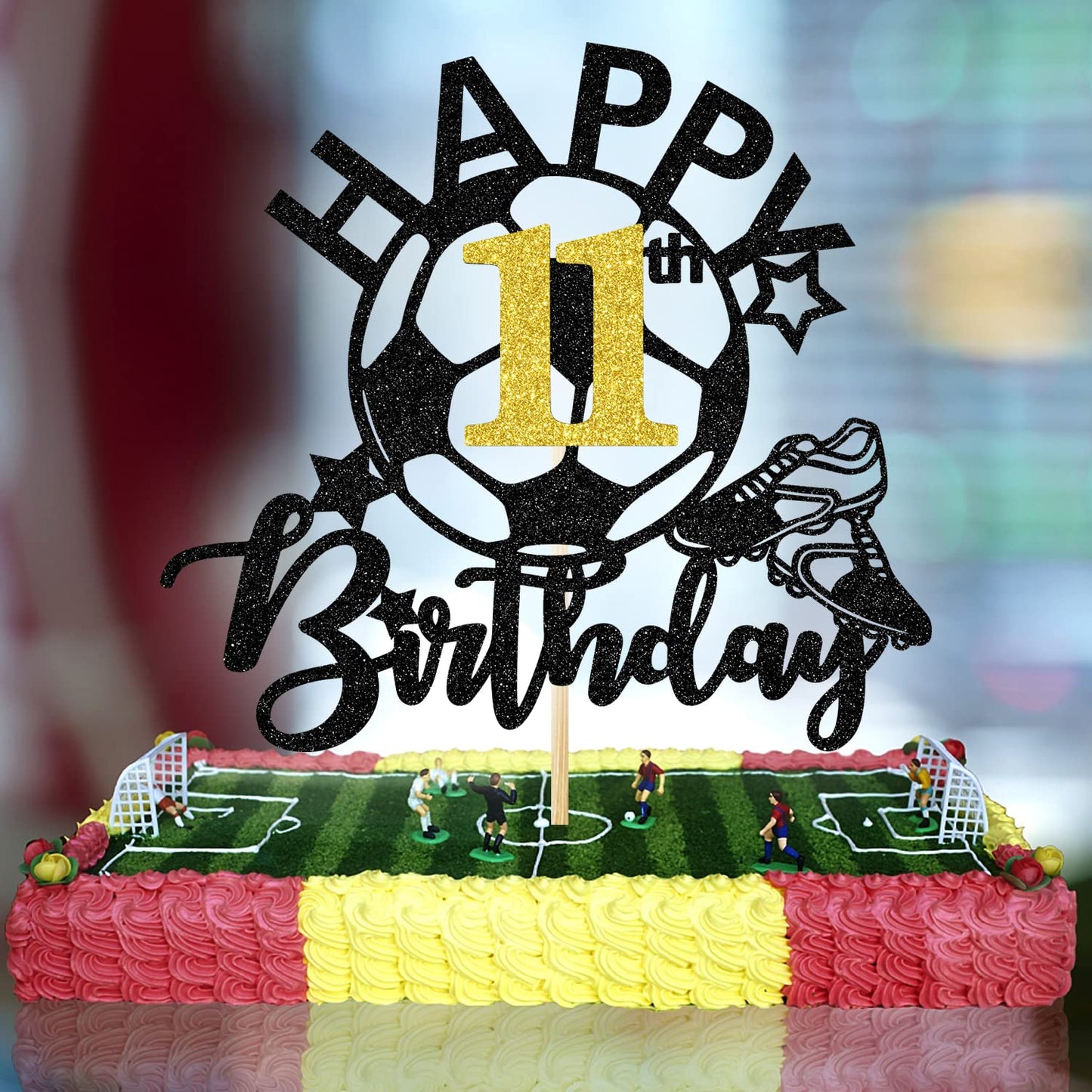 Aeryourtar Glitter Soccer Cake Topper, 11th Birthday Party Decorations, Paper, Soccer Theme, for Boys and Girls