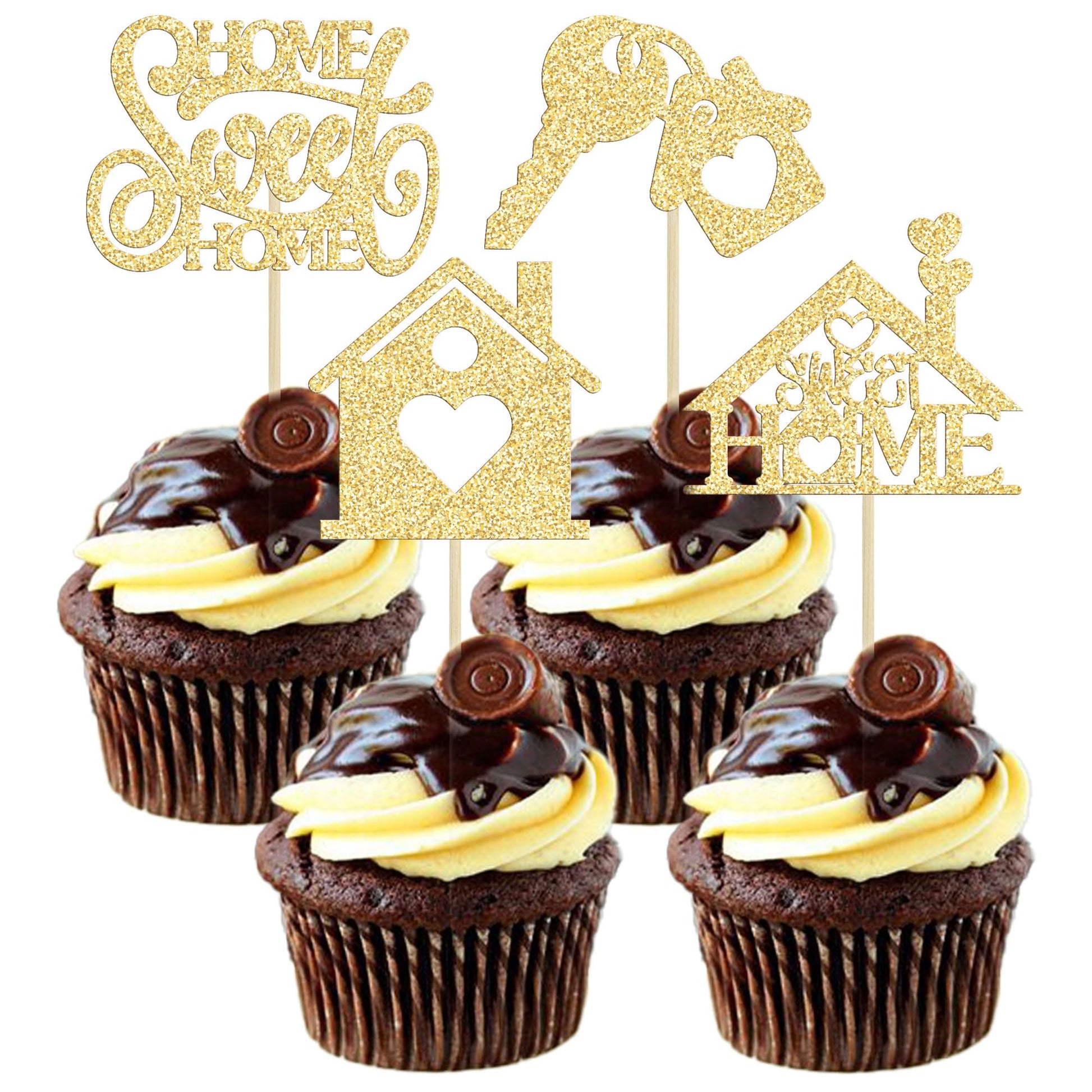 24Pcs Sweet Home Cupcake Toppers Glitter Key Housewarming Cupcake Pick Decorations for Welcome New Home Theme Party Cake Decorat