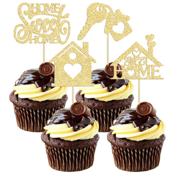 24Pcs Sweet Home Cupcake Toppers Glitter Key Housewarming Cupcake Pick Decorations for Welcome New Home Theme Party Cake Decorat