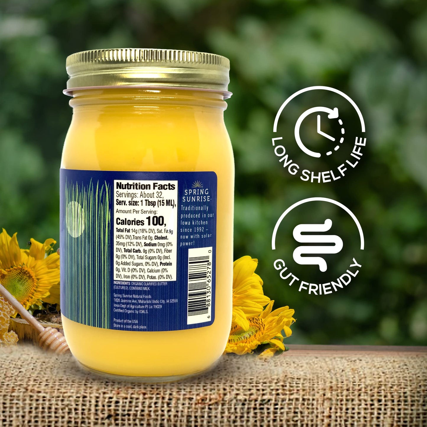 Spring Sunrise Grass Fed Organic Cultured Ghee - USDA Certified Clarified Butter - Keto & Paleo Friendly  Non-GMO  Gluten & Lactose Free Cooking Oil - Sustainably Sourced  16 oz Jar