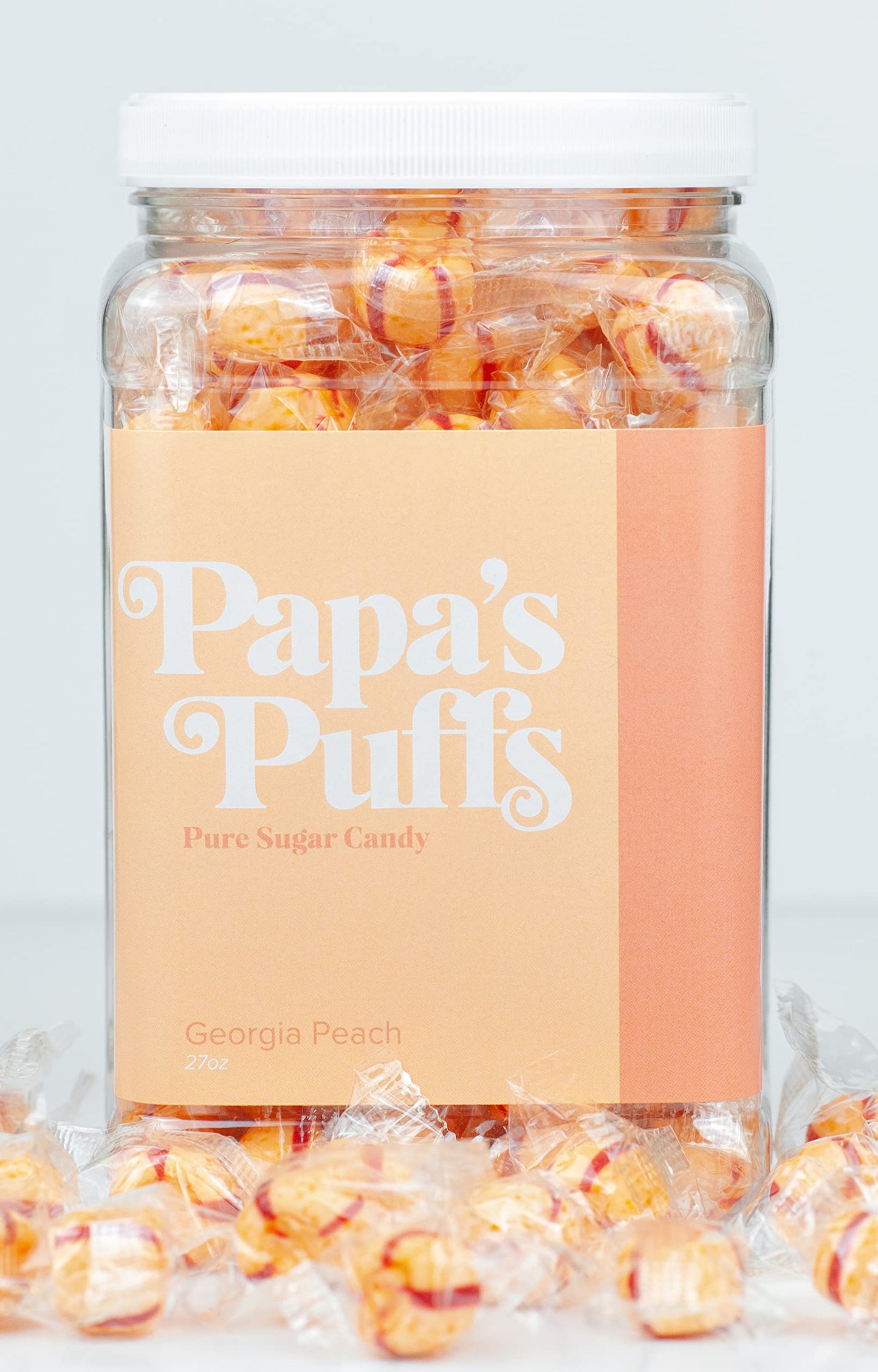 Papa'S Puffs Georgia Peach Flavored Pure Sugar Candy - Individually Wrapped In Resealable Tub - Fat-Free, Gluten-Free, Cholester