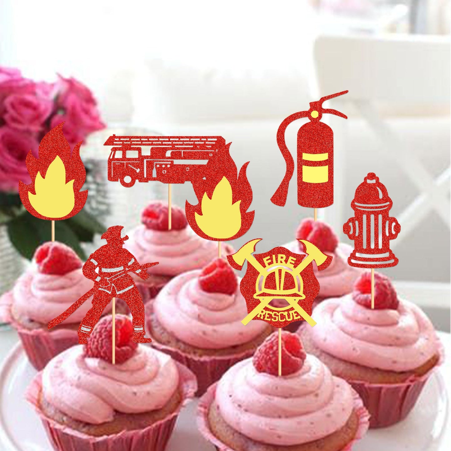 Ercadio 24 Pack Fireman Cupcake Toppers Red Glitter Fire Department Cake Topper Fireman Cupcake Picks For Fire Theme Baby Shower