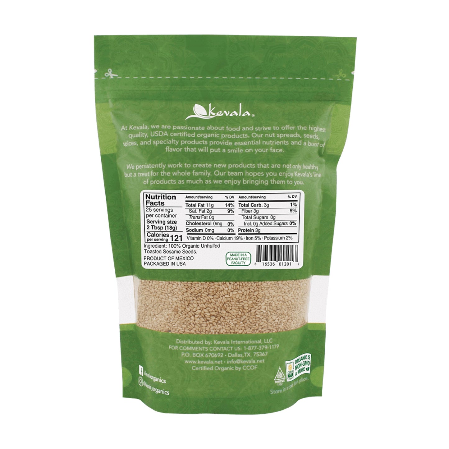 Kevala Organic Toasted Sesame Seeds (Unhulled) - Nutritious Snack for Clean Food Lovers, Ingredient for Making Hummus, Allergen