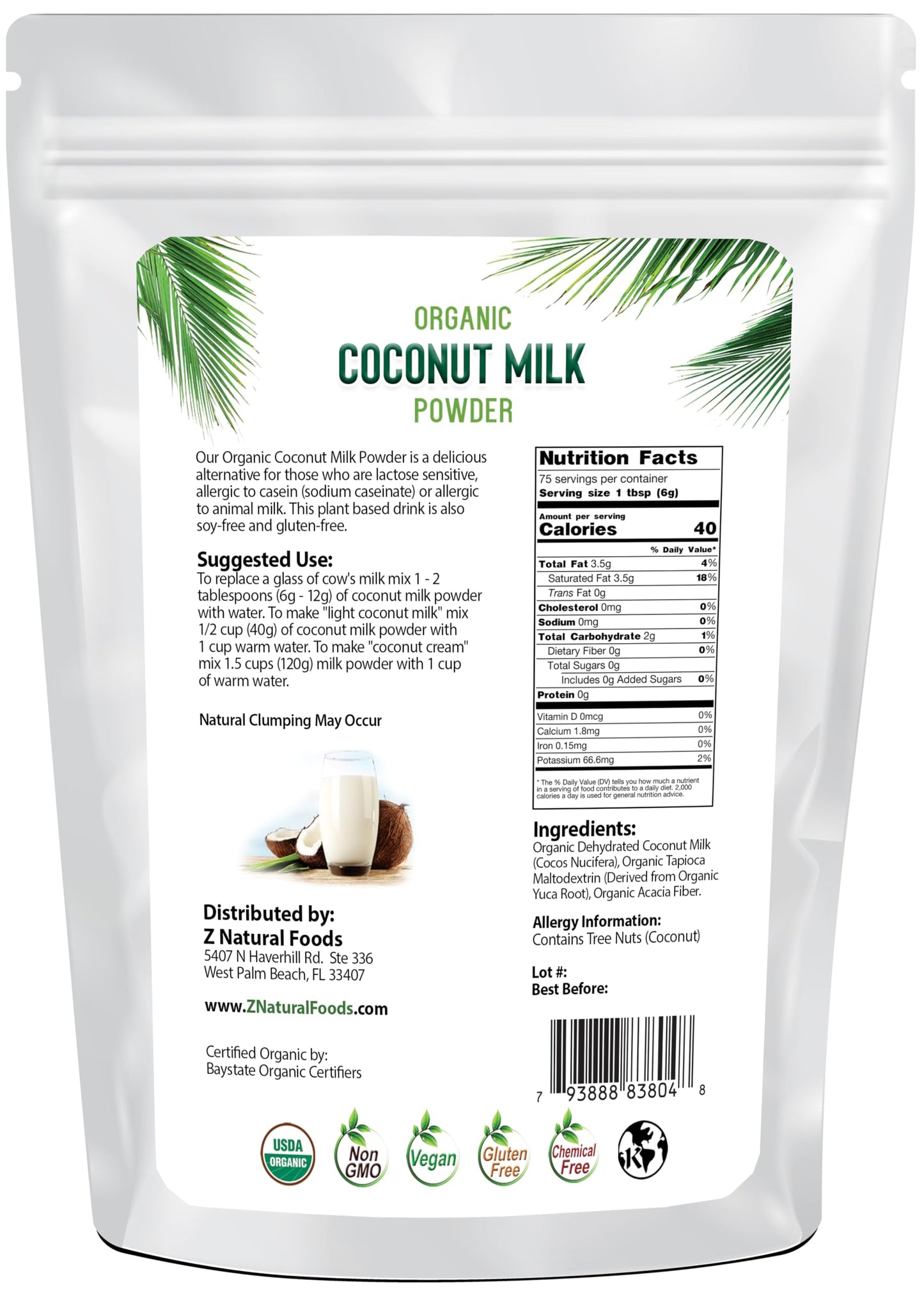 Z Natural Foods Organic Coconut Milk Powder, Unsweetened, 16 oz, Dairy-Free, Gluten-Free, Non-GMO, Vegan Alternative for Coffee & Smoothies