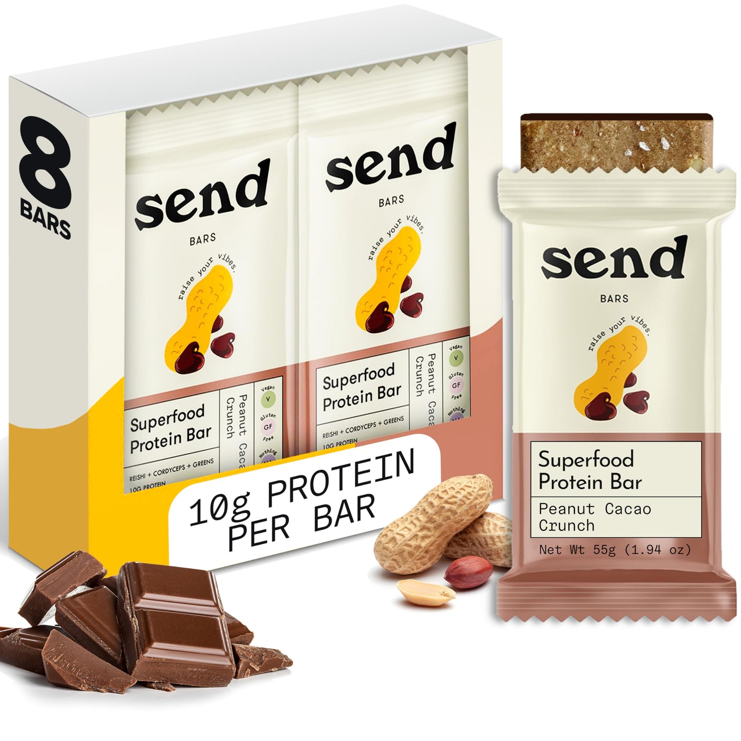 Send Bars Plant-Based Vegan Healthy Protein Bars, With Greens (Peanut Cacao Crunch, 8 Bars) – Only Real Ingredients, Zero Added Sugar, Gluten-Free, Dairy-Free