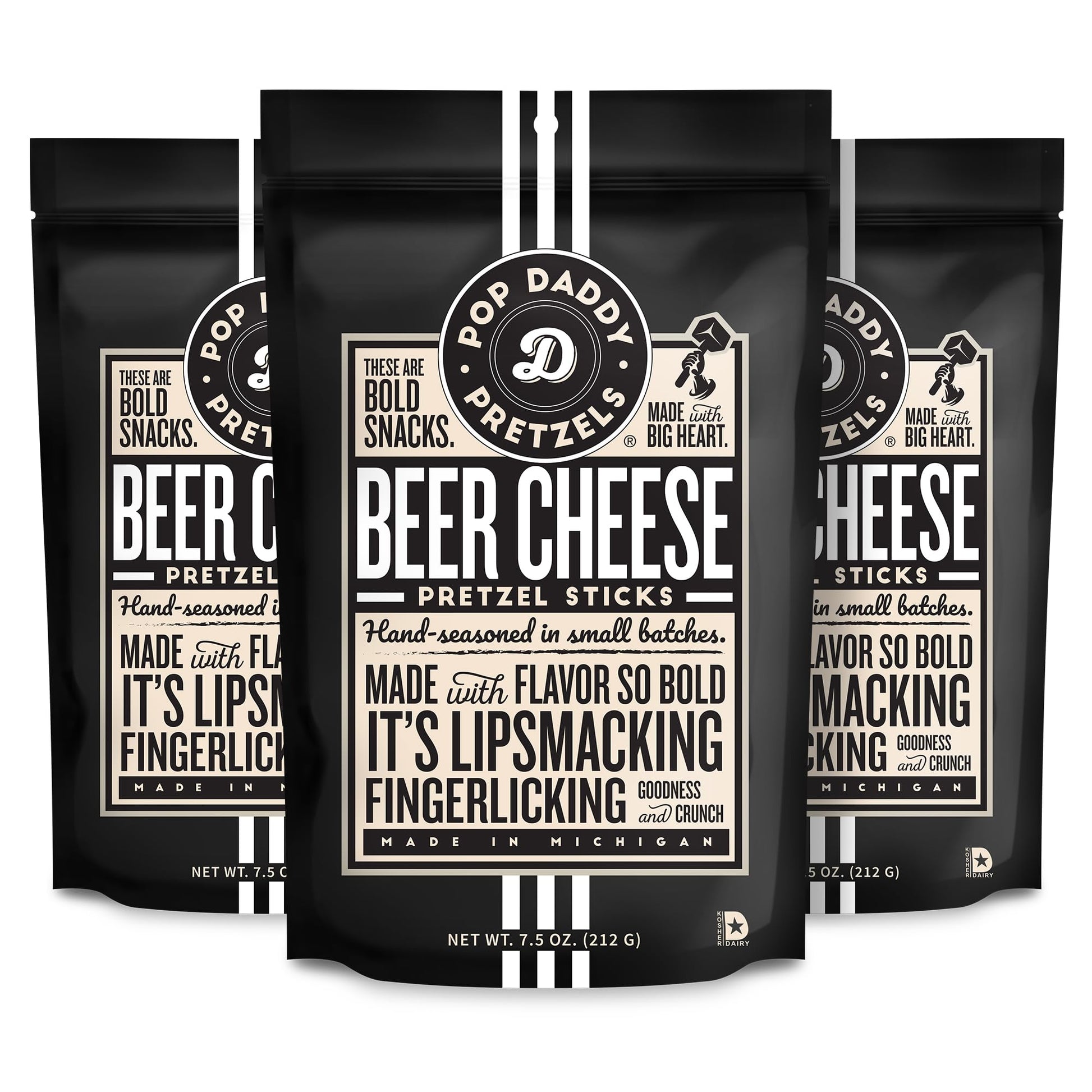 POP DADDY Flavored Pretzel Sticks, Beer Cheese, 7.5oz Bags, 3 Pack - Healthy Gourmet Snacks