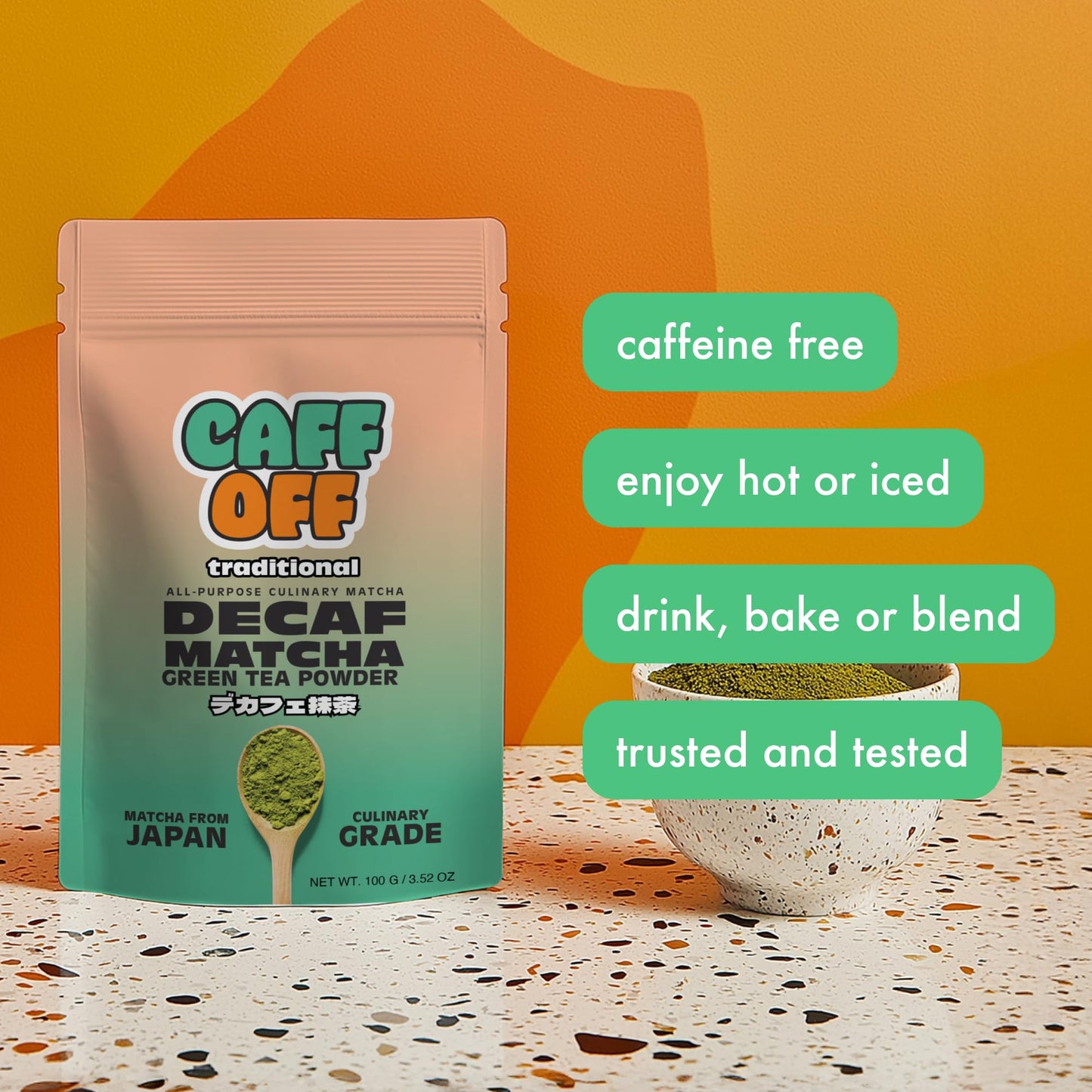 Caff Off Decaf Matcha Green Tea Powder - Culinary Grade, Naturally Decaffeinated, 3.52 oz, First Harvest, Caffeine Free