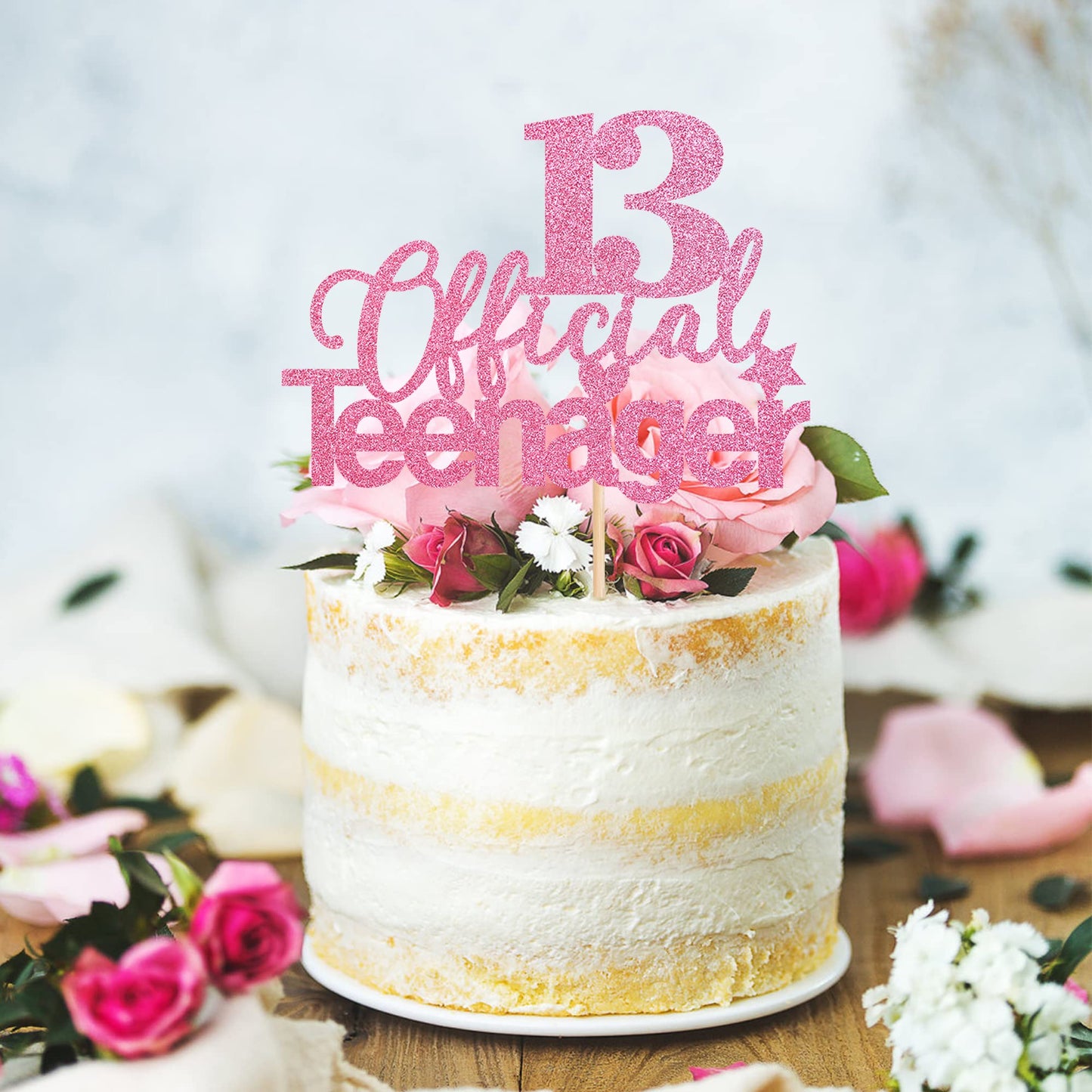 1 PCS 13 Official Teenager Cake Topper Glitter 13th Birthday Cake Pick Decorations for Teen 13th Birthday Party Supplies Pink