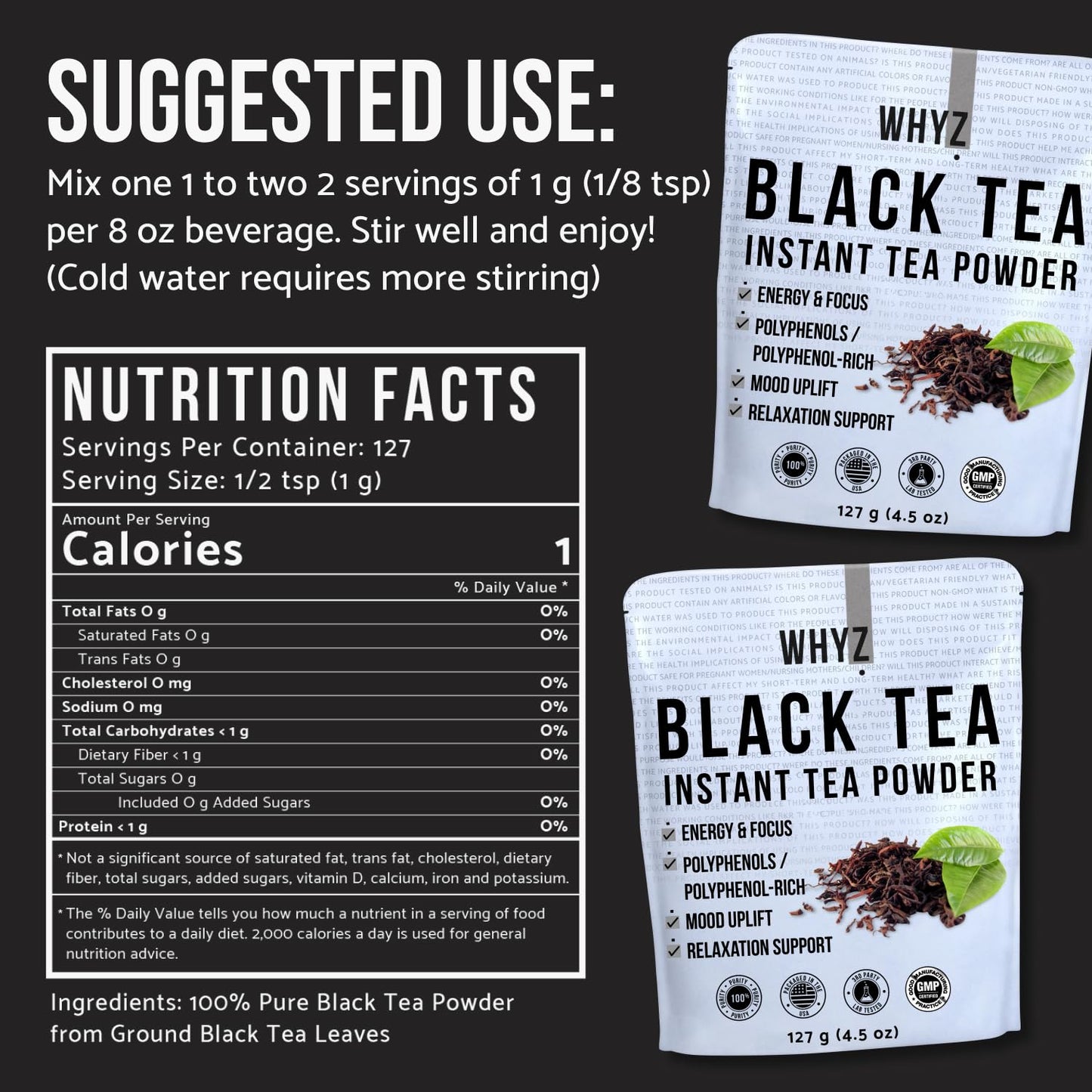 Whyz Instant Black Tea Powder, 4.5 Oz, Unsweetened Iced Tea Concentrate From Real Black Tea Leaves, Instant Tea Powder For Hot &