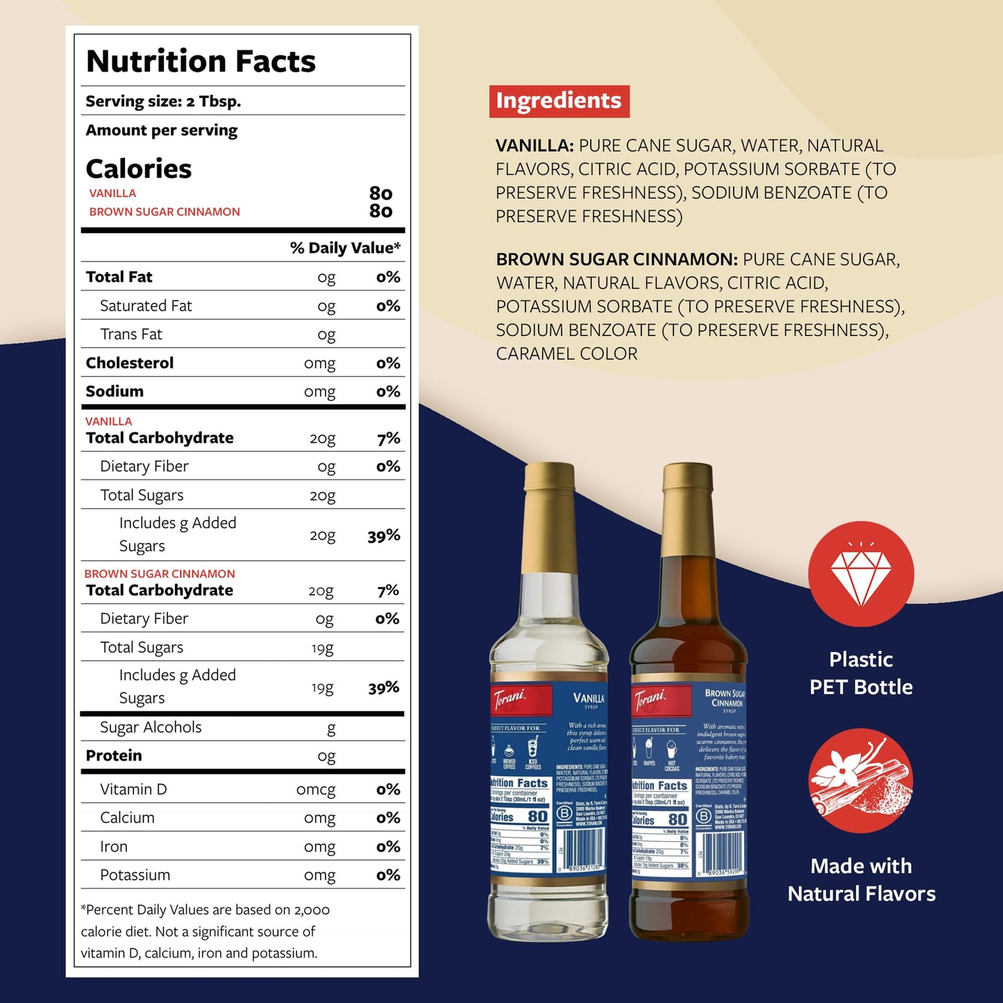 Torani Syrups Variety Pack, Brown Sugar Cinnamon & Vanilla, 25.4 Fl Oz Each, Pumps Included