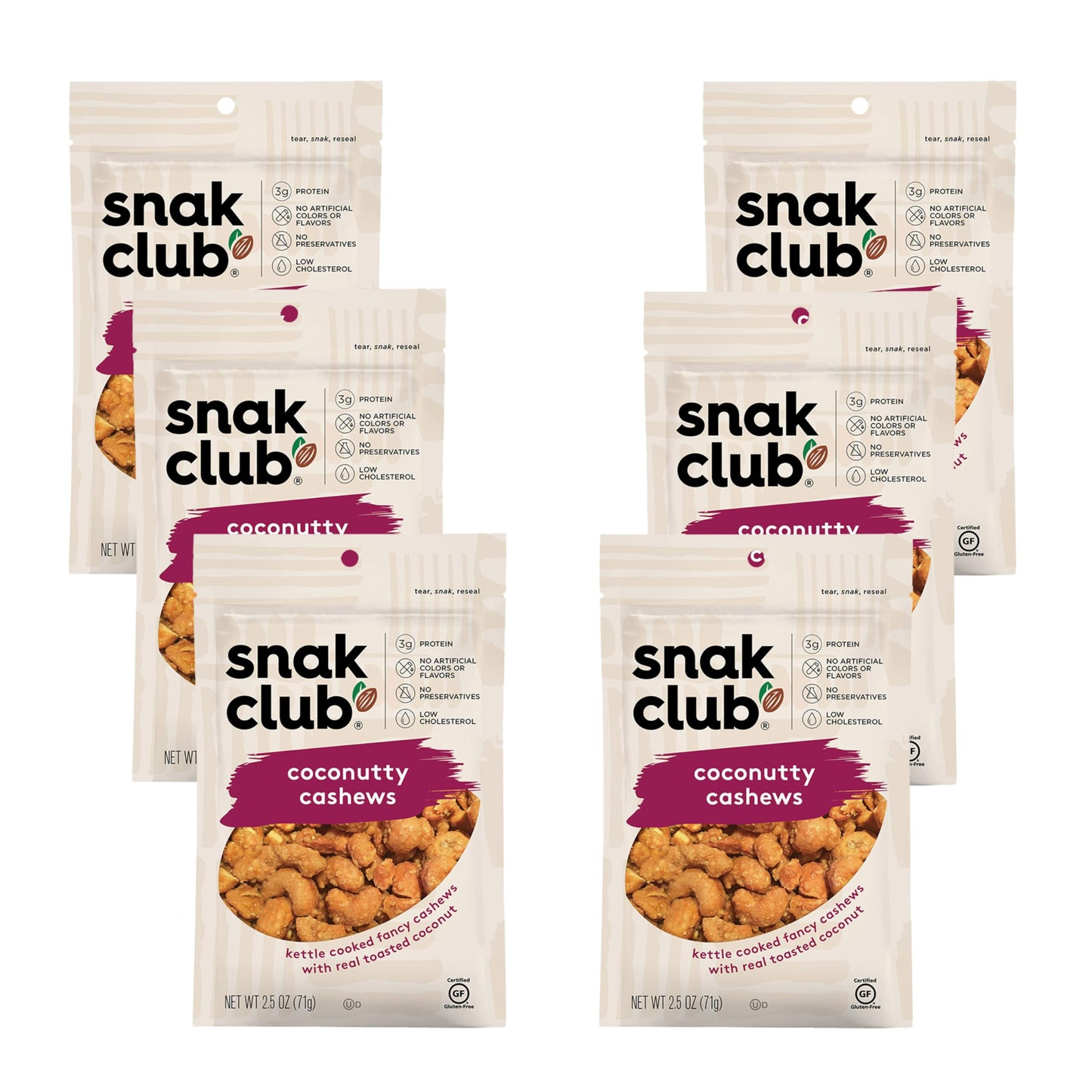 Snak Club Coconutty Cashews, Kettle Cooked Fancy Cashews with Toasted Coconut, Gluten-Free and Kosher Snack, 2.5 oz Snack Bags, 