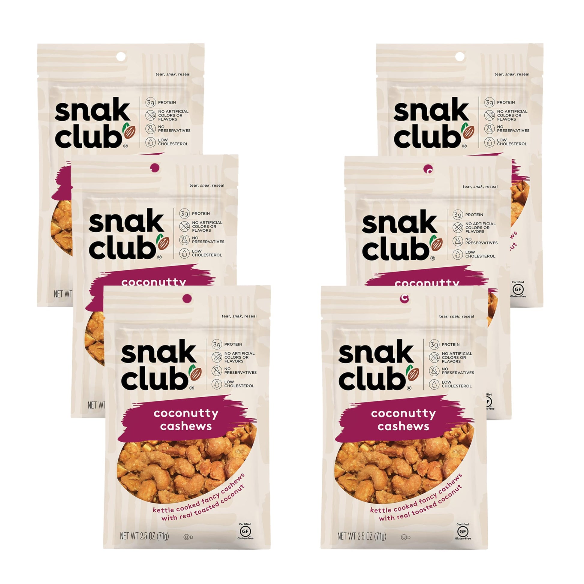 Snak Club Coconutty Cashews, Kettle Cooked Fancy Cashews with Toasted Coconut, Gluten-Free and Kosher Snack, 2.5 oz Snack Bags, 