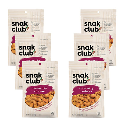 Snak Club Coconutty Cashews, Kettle Cooked Fancy Cashews with Toasted Coconut, Gluten-Free and Kosher Snack, 2.5 oz Snack Bags, 