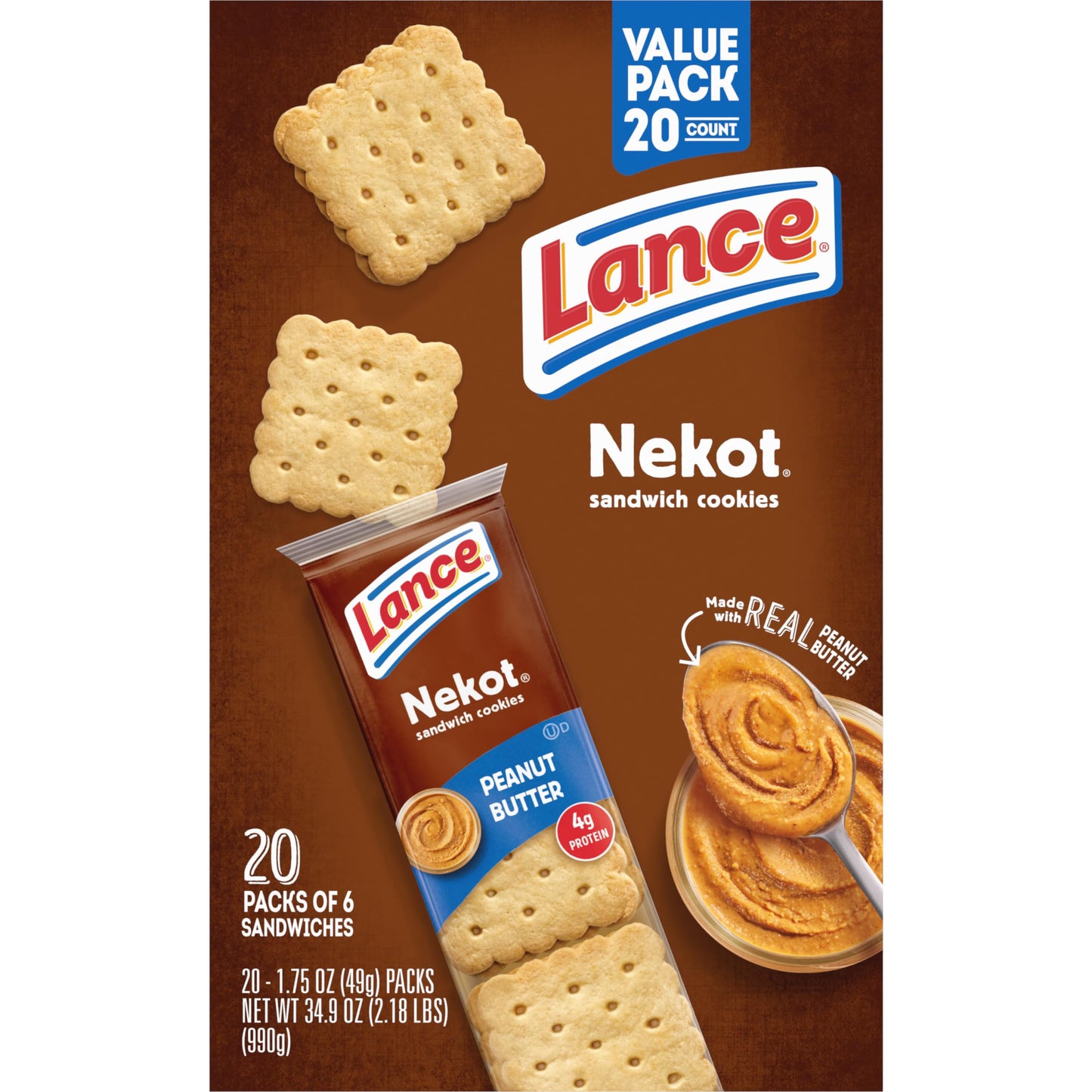 Lance Sandwich Cookies, Nekot Peanut Butter, 20 Individually Wrapped Packs, 6 Sandwiches Each (Pack of 6)