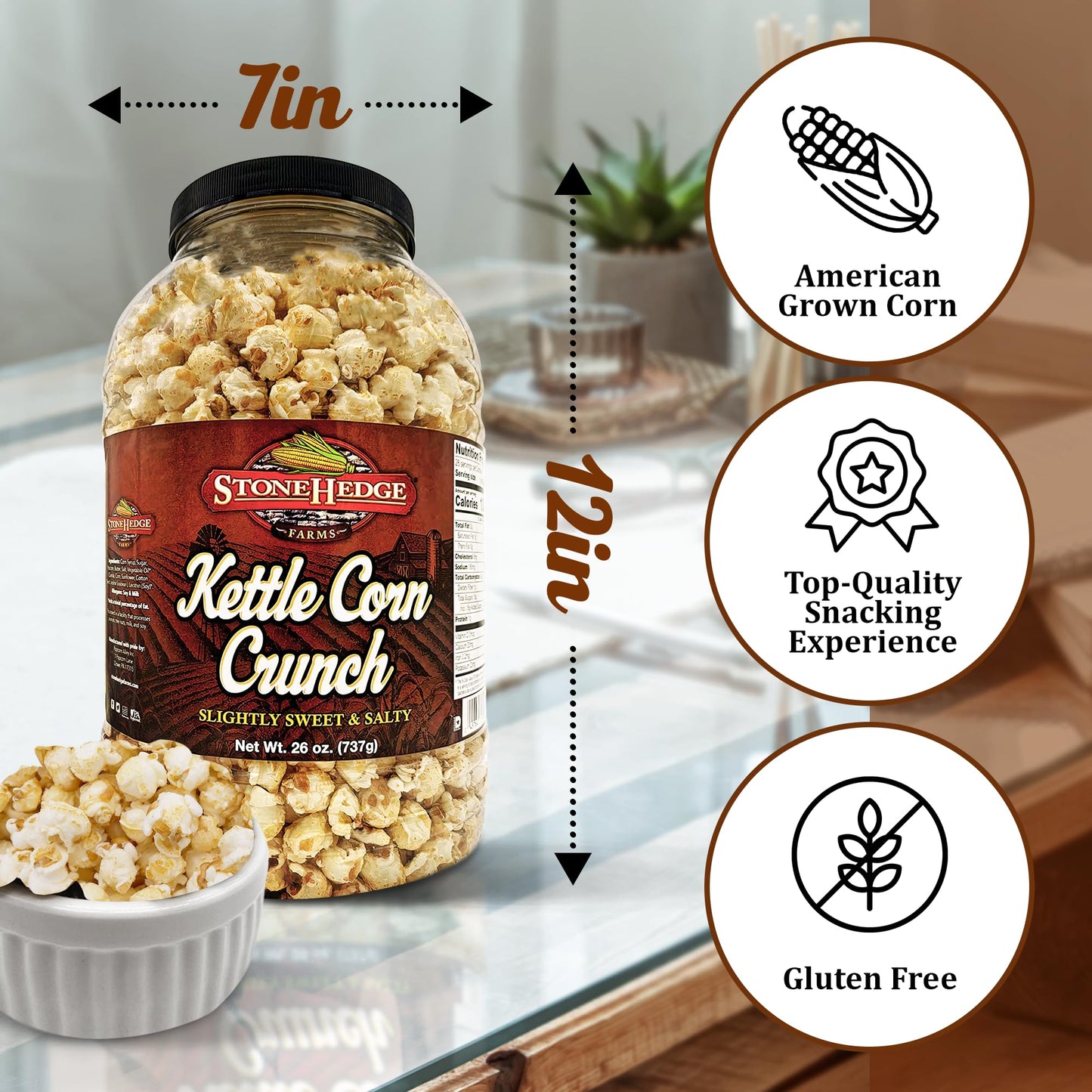 Stonehedge Farms Kettle Corn Crunch Popcorn | 26 Oz (Pack Of 2) Reclosable Barrels | Bulk Popped Gourmet Kettlecorn | Made In Us
