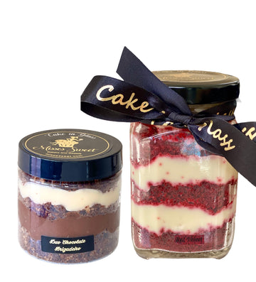 Gourmet 2 Cakes in a Jar Set - Duo Chocolate Cake in Jar with Special Chocolate Cake Layered with White Belgian Chocolate Brigad