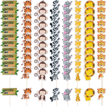 96 Pieces Safari Cupcake Toppers Jungle Animal Cupcake Picks Tiger Zebra Monkey Leopard Elephant Giraffe Lion Toothpicks Zoo The