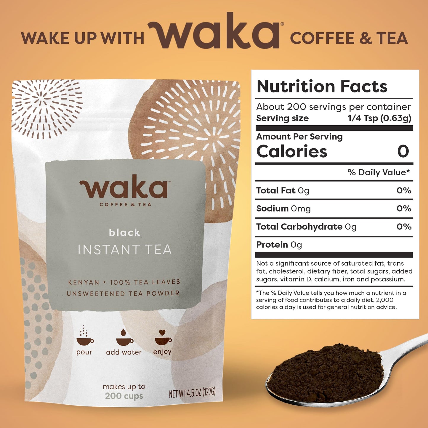 Waka Instant Black Tea Mix, Kenyan - 100% Tea Leaves, No Additives, Unsweetened Tea Powder In Bulk Pouch - Easy Quick Hot And Ic