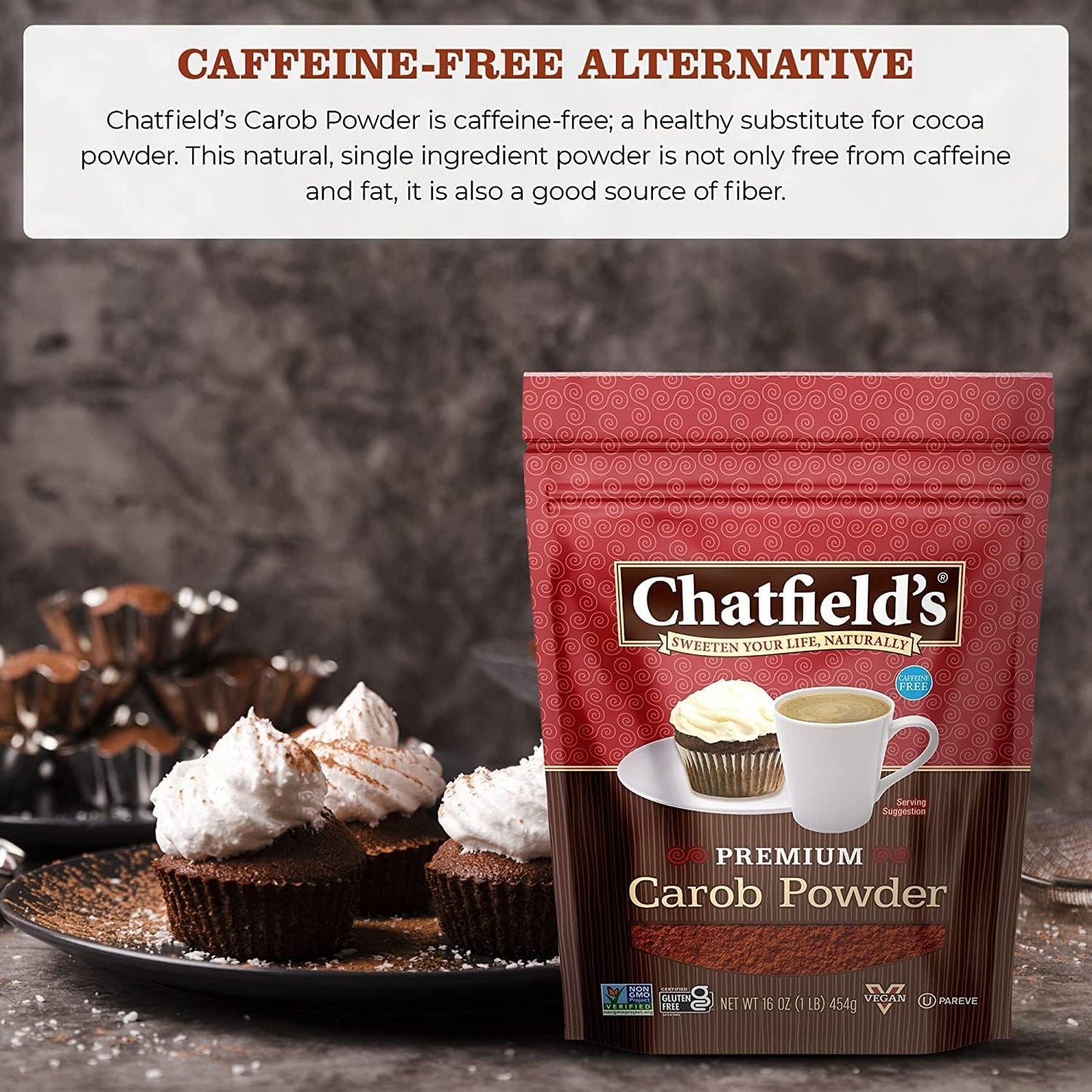 Chatfields enhanced Carob Powder  Caffeine-Free  Vegan Friendly  Kosher  Gluten Free & Non-GMO  16 Ounce (Pack of 6)