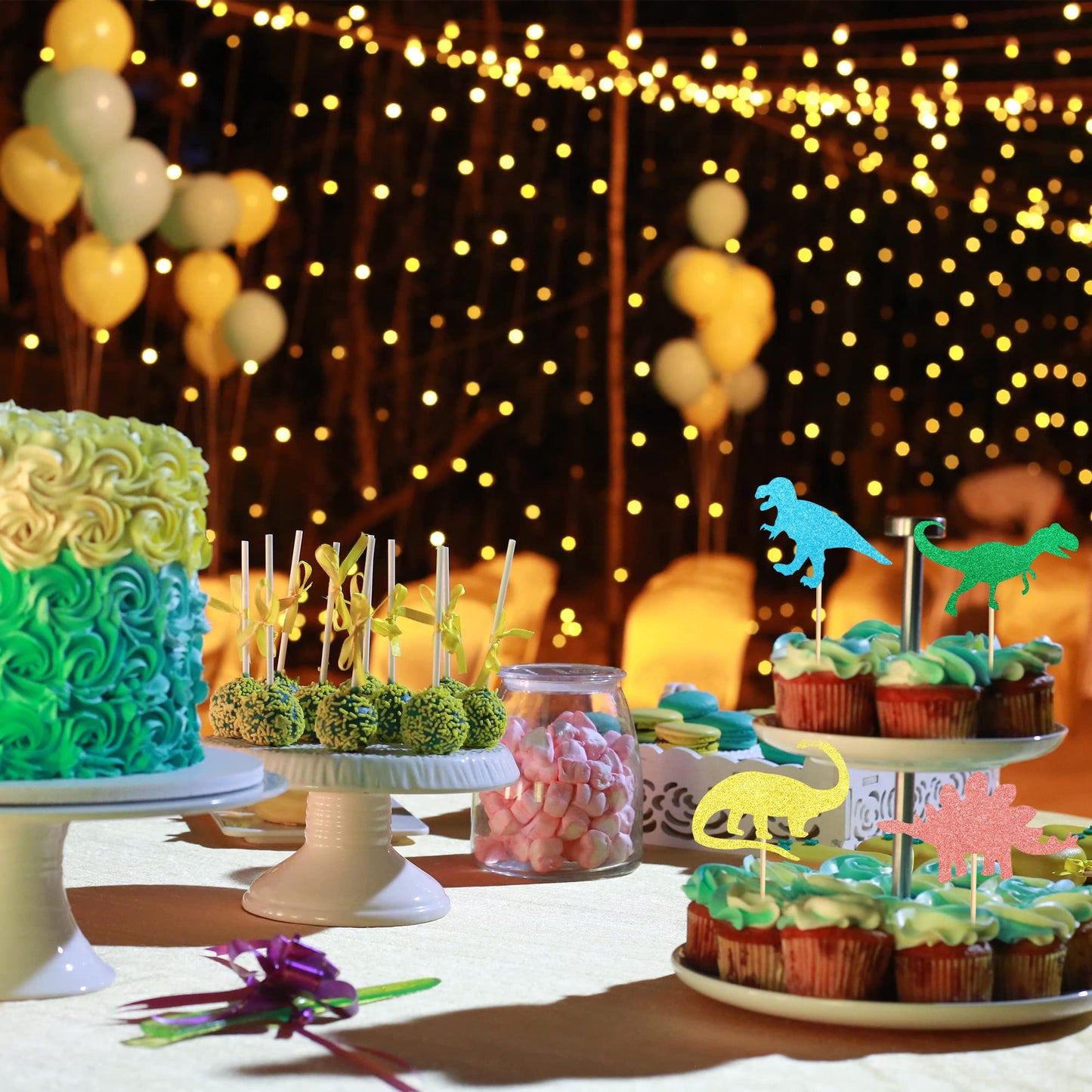 Arthsdite Pack Of 48 Glitter Pre-Assembled Dinosaur Cupcake Toppers Gold Green Dino Cupcake Picks Glitter For Kids First Birthda