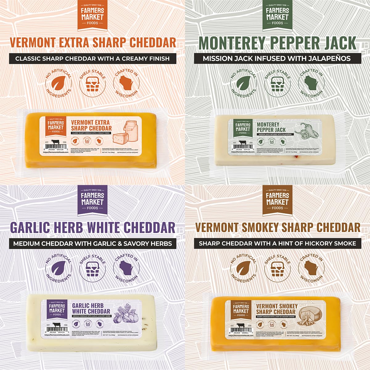 Farmers Market, Gluten Free, Keto, Paleo, Low Sodium, Zero Sugar, Wisconsin Cheese Gift Sets, 7Oz 4 Count