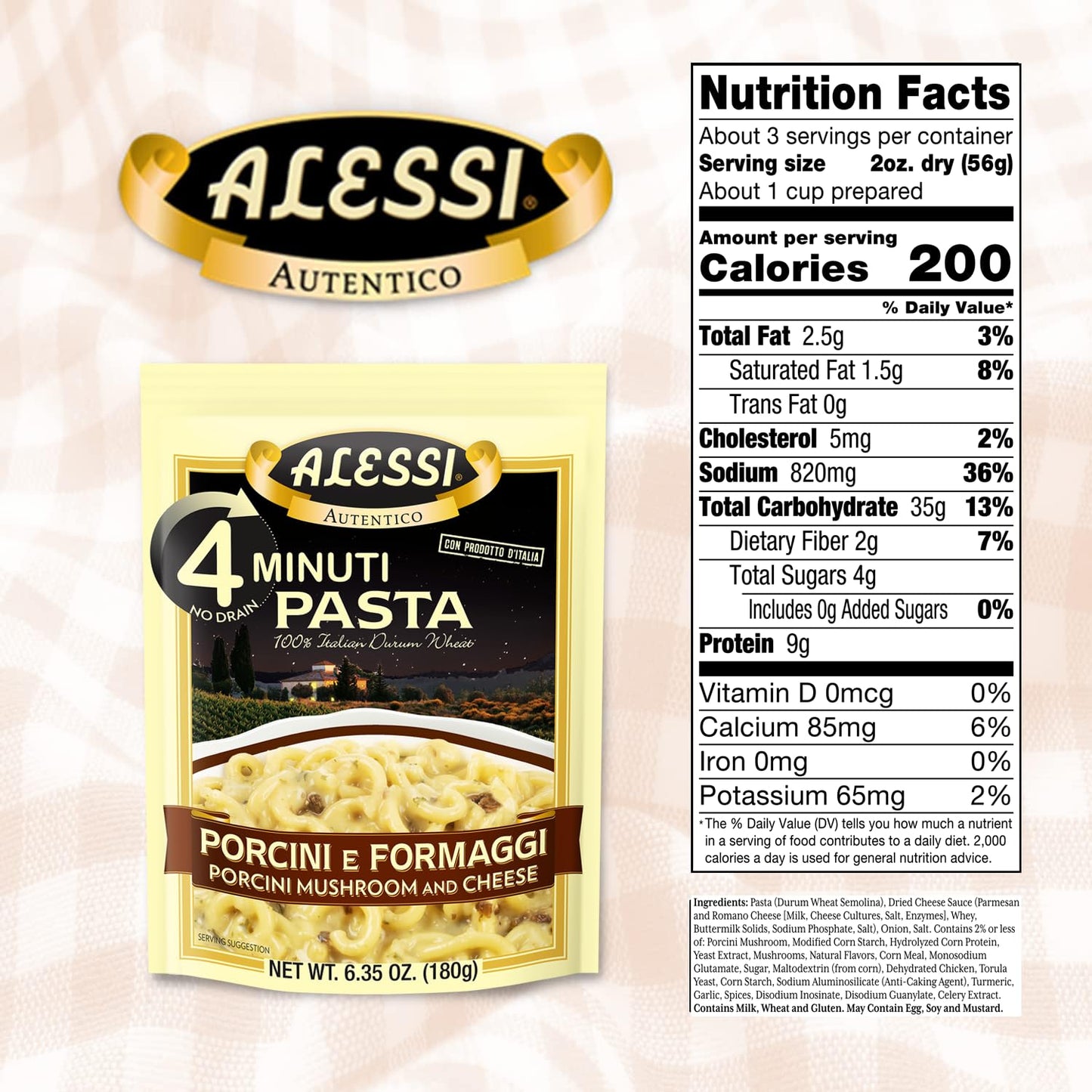 Alessi 4 Minute Pasta, One Dish Quick Meals, Stovetop Or Microwave, Dinner Or Side Ready In Minutes (Porcini Mushroom & Cheese, 6.35 Ounce (Pack Of 6))