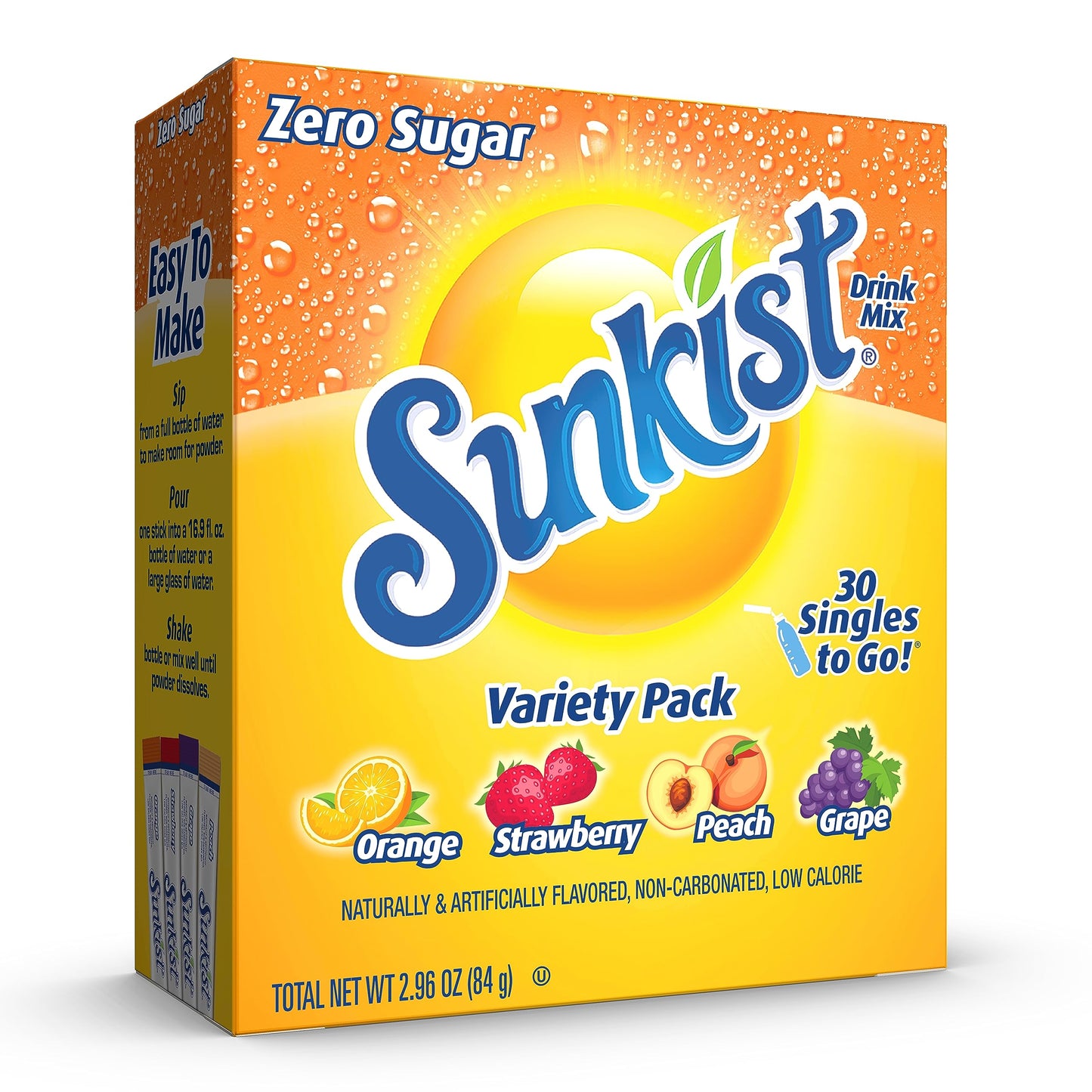 SINGLES TO GO! Sunkist Soda Variety Pack, 30 Count, Orange, Strawberry, Grape, Peach Flavors