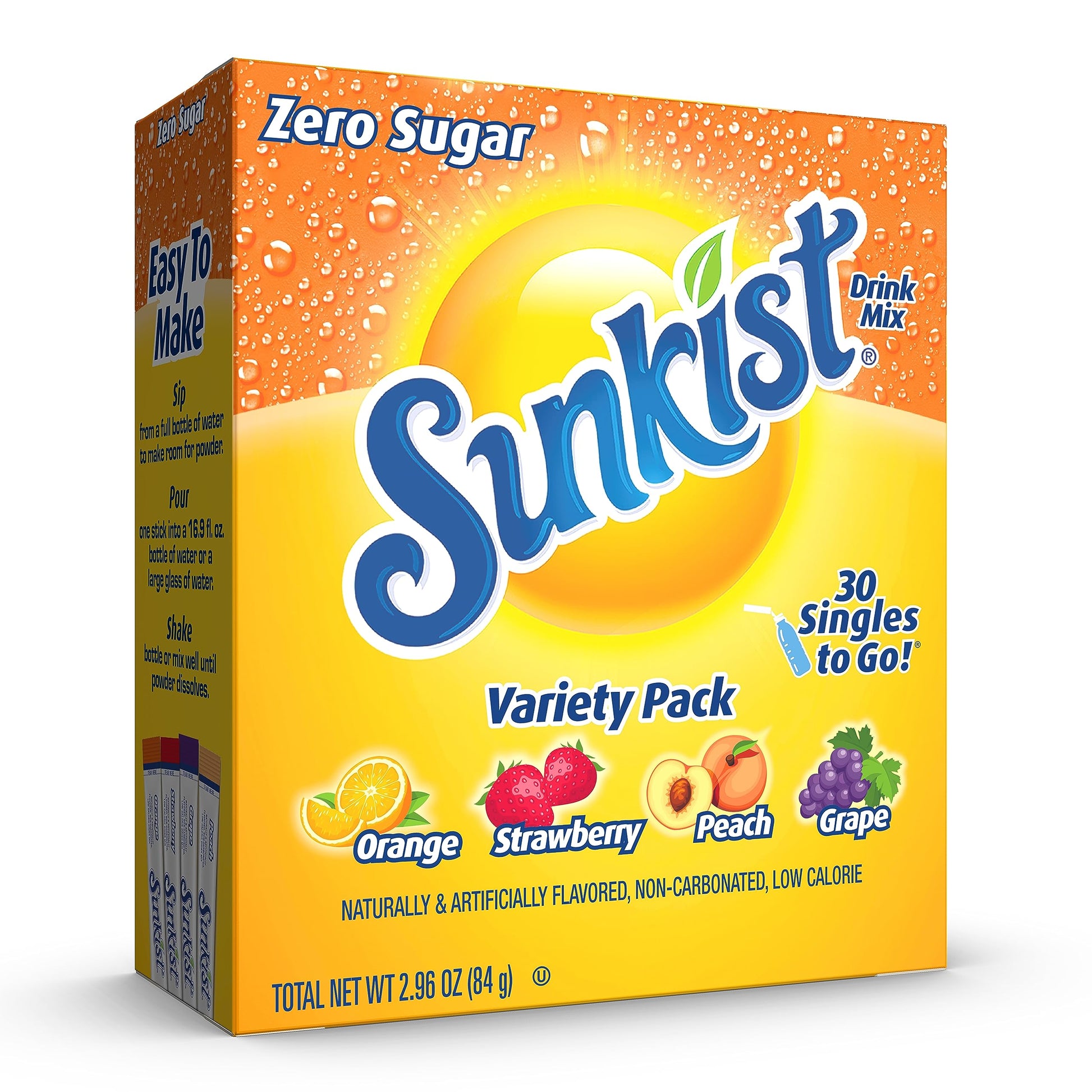 SINGLES TO GO! Sunkist Soda Variety Pack, 30 Count, Orange, Strawberry, Grape, Peach Flavors