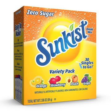 SINGLES TO GO! Sunkist Soda Variety Pack, 30 Count, Orange, Strawberry, Grape, Peach Flavors