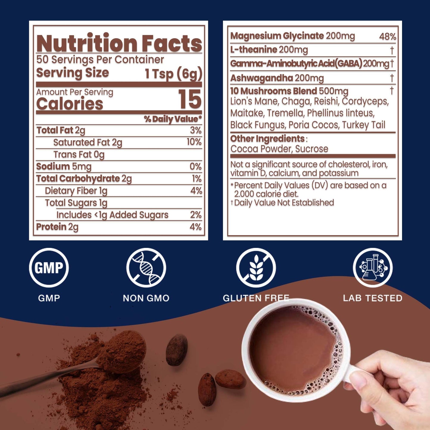 Mushroom Hot Chocolate for Calm, 50 Servings Cocoa Powder | 10 Mushrooms Supplements with Magnesium Glycinate, L-Theanine, Ashwa