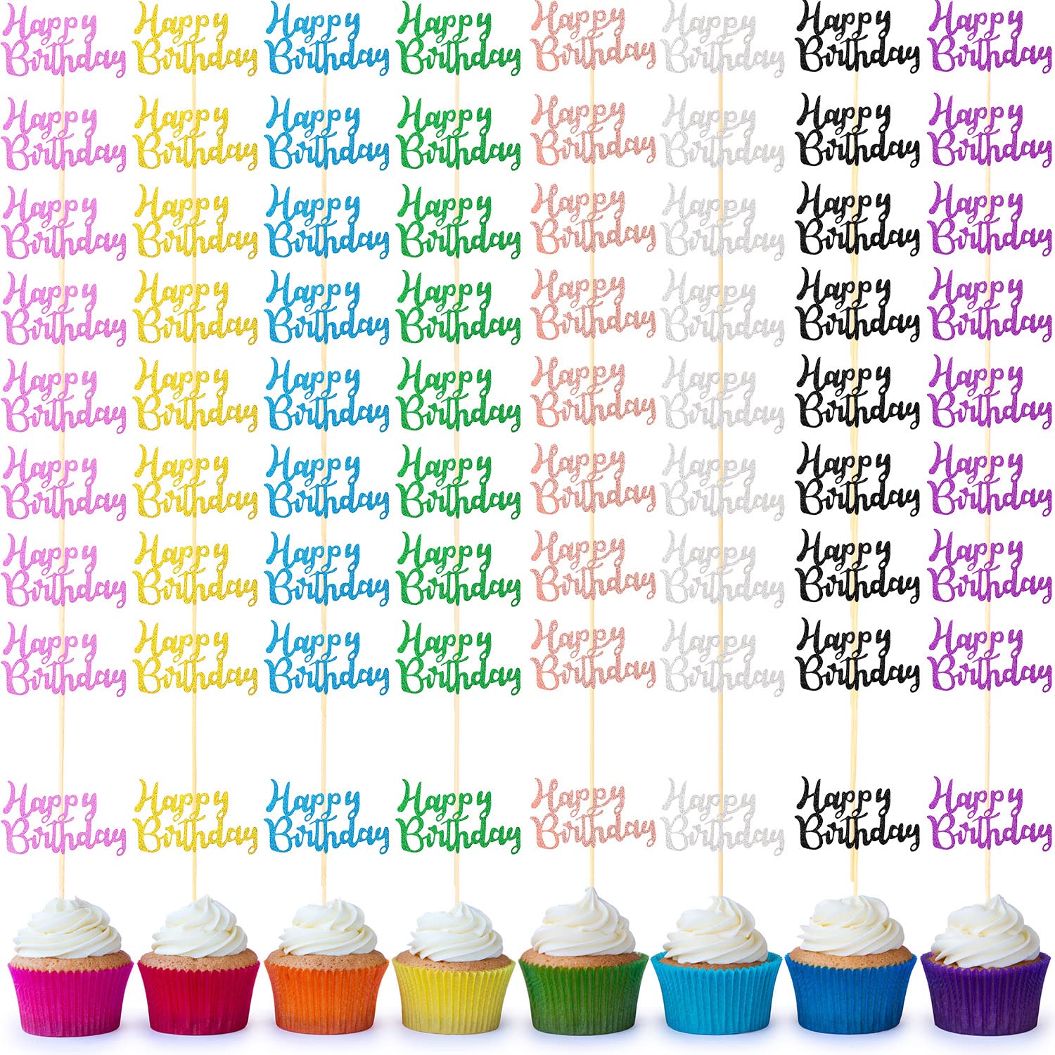 Boao 64 Pieces Happy Birthday Cupcake Toppers Glitter Birthday Cake Topper Picks Dessert Topper Decoration For Birthday Party An