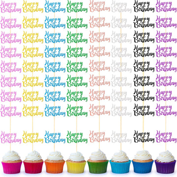 Boao 64 Pieces Happy Birthday Cupcake Toppers Glitter Birthday Cake Topper Picks Dessert Topper Decoration For Birthday Party An