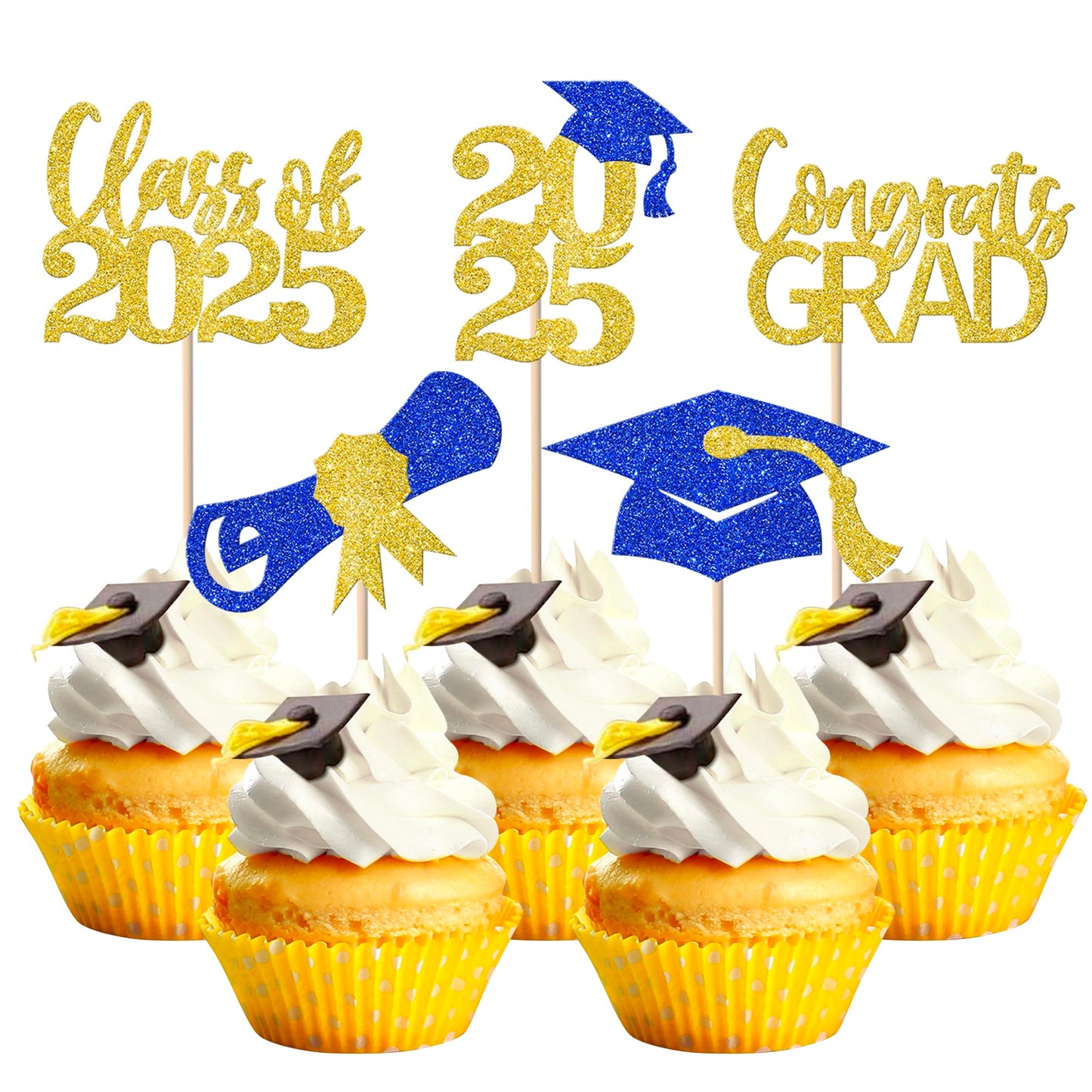 YCTHUNFISH 30 Pack Graduation Cupcake Toppers, Gold Blue Glitter, Bamboo Picks for Class of 2025 Party Decorations